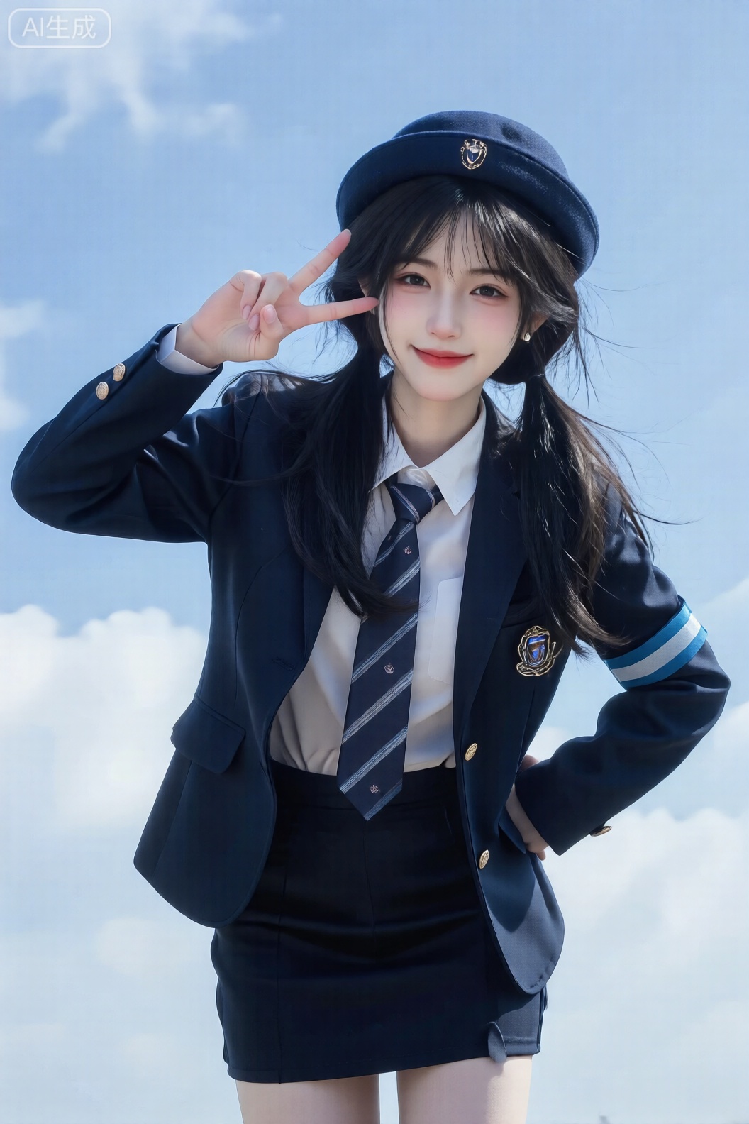 杰作, 8K写真级, 超清写实, 自然日光, 电影感,  
18岁清纯中国女高中生, 甜美婴儿肥脸, 大眼睛闪亮, 天然傻白甜笑容, 脸颊微红,  
黑色长发双马尾微卷, 齐刘海, 发尾轻飘,  
日式藏青色学院风制服, 金色纽扣, 肩膀和袖口蓝色臂章, 胸前精致校徽,  
白色衬衫打底, 藏青+浅蓝斜纹领带, 领带上有小徽章,  
藏青色西装外套敞开, 藏青高腰包臀短裙,  
藏青色贝雷帽带校徽, 歪戴可爱,  
低角度仰拍, 站立叉腰+单手比V字手势贴脸卖萌, 抬头看镜头,  
天空背景, 蓝天白云, 自然顶光+柔和侧光, 清新通透,  
皮肤白皙无瑕, 轻微自然妆感, 青春无敌氛围,MNI