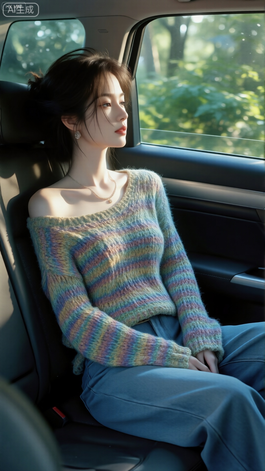 女子坐在车内,身着露肩杂色粗针织毛衣,搭配蓝色阔腿牛仔裤,头发随性挽起,颈间戴着细链项链,耳饰精致。车窗外是绿意朦胧的景色,整体氛围慵懒又随性,尽显出行途中的松弛感～,HK,MNI