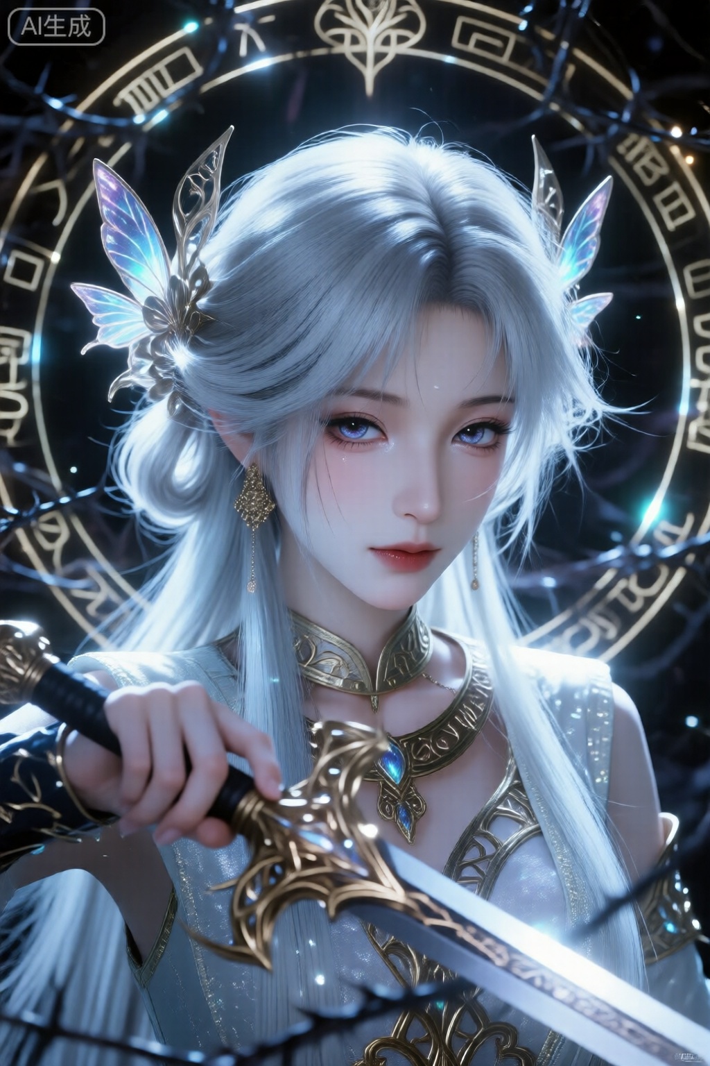 生成超高清、正面视角的魔卡少女樱真人形象，采用微距镜头聚焦，捕捉每一个细节。背景中化妖、蝶羽、荆棘构成前景，荧光符文光环环绕，营造神秘氛围。主体是一位少女，展现出化妖、蝶羽和荆棘的效果，荧光异色瞳孔虹膜纹理清晰可见。她的肌肤清透泛着淡淡的opal冷光，使用pbr材质模拟真实肌肤纹理，白皙有光泽，朦胧白光描边，银白色长发根根分明，每根发丝都清晰可见。采用辛烷值渲染和oc渲染技术，确保画面质感和细节。

背景中的荧光符文光环与少女的华丽翅膀护手相呼应，翅膀护手为镂空设计，手握华丽翅膀剑护的西方刺剑，强光打下，面部明暗对比鲜明，阴影层次丰富。整体环境笼罩在暗黑、天行的氛围中，营造出强烈的视觉冲击力和情感共鸣。整个场景充满华丽复杂且细腻的金属光泽花朵发饰，从左眼折射出白光，增添神秘感。整个画面风格华丽而复杂，情感氛围神秘而深邃，呈现出大师级别的高质量视觉效果,MNI
