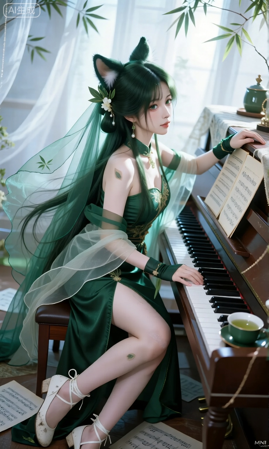 室内清透的光线透过纱帘飘入,一位留着及腰墨绿长发的少女正靠在钢琴旁,整齐的齐刘海遮过额头,几缕发丝垂在锁骨处,头顶竖着一对毛茸茸的猫耳,耳尖泛着墨绿光泽,长发间别着墨绿竹叶发簪与白色茉莉发饰,发尾垂落在露着的肩头,肩头还别着一枚小小的珍珠别针。她穿着一件墨绿露肩收腰长裙,裙摆垂至脚踝,侧边开叉露出一小节白皙脚踝,胸前刺绣花纹衬得气质温婉,脸颊透着淡绿晕,嘴唇轻抿成安静模样,一双清澈的绿眼睛正望向钢琴键。手上戴着墨绿薄款手套,手腕缠着白绿丝带,头上罩着一层半透的墨绿纱巾,纱巾边缘绣着细碎的竹叶。脚边散落着几张乐谱,穿着白色绑带平底鞋,鞋边沾着些许灰尘,一旁的钢琴上放着一个墨绿瓷杯,杯中泡着绿茶。她的指尖悬在琴键上方,另一只手轻轻搭在钢琴盖,而手肘处贴着一枚印着树叶的创可贴,为这份雅致的琴师般造型添了几分质朴的生活感。,MNI