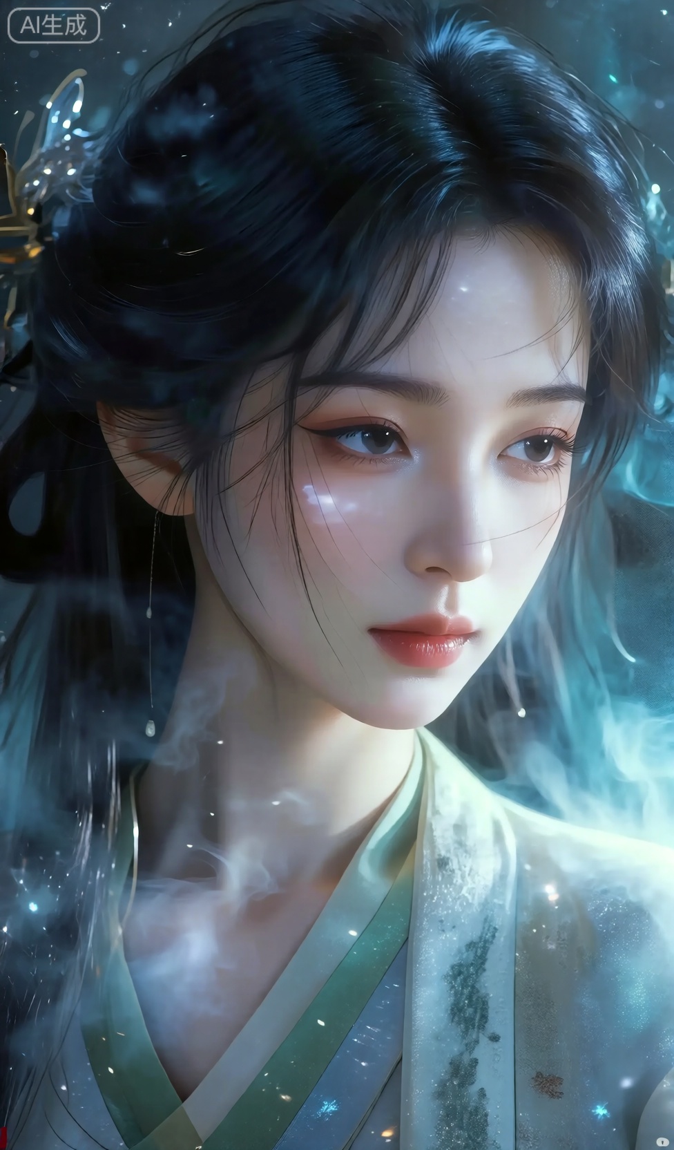 一个肌肤如雪、秀发飘飘的绝世美女倾国倾城的人像特写,人像消散成飘发光烟雾,人像特写摄影,特写,神秘奇幻氛围,细腻质感,HK,MNI