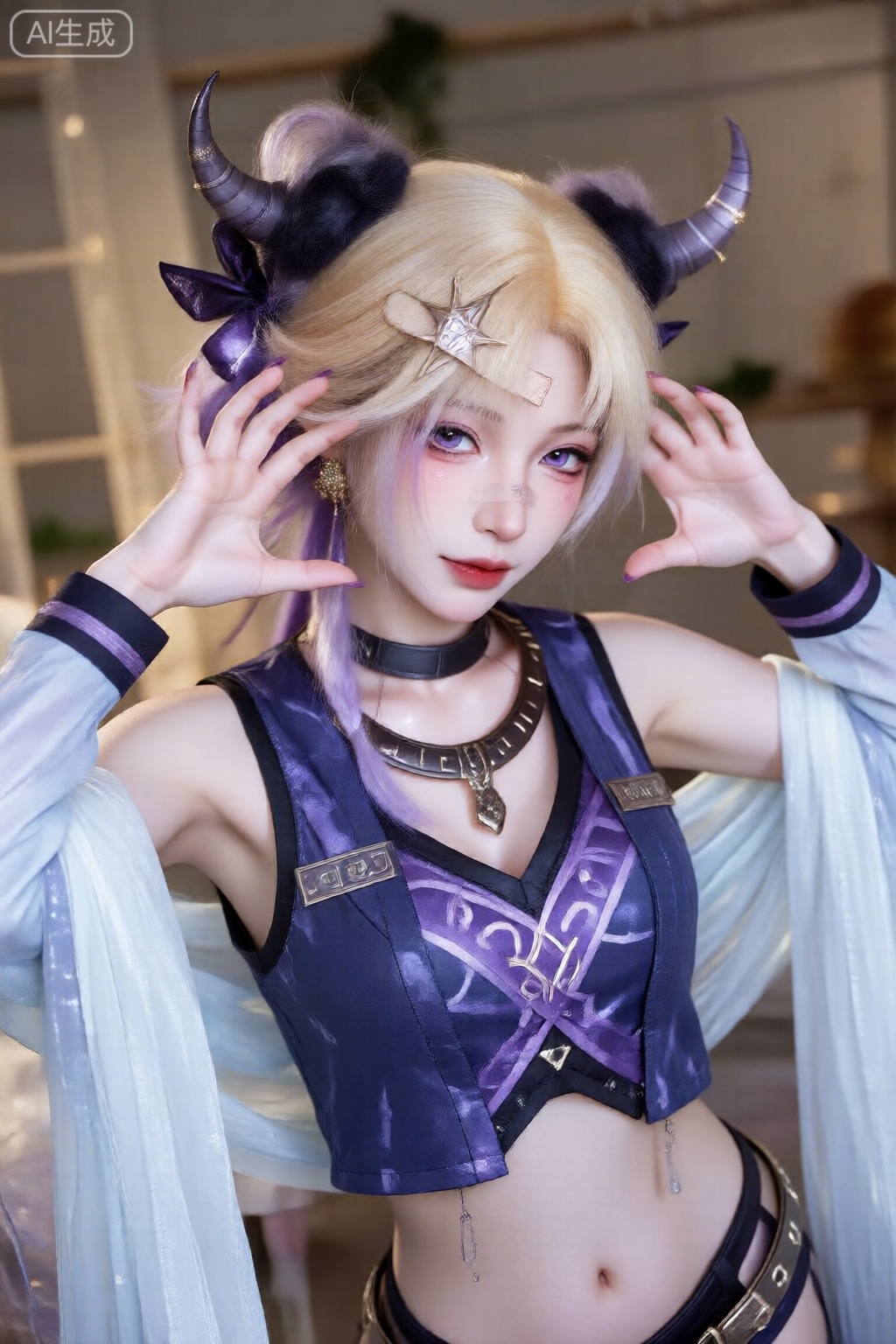 1girl,solo,looking at viewer,short hair,bangs,blonde hair,black hair,hair ornament,long sleeves,bow,navel,holding,purple eyes,jacket,purple hair,braid,ahoge,multicolored hair,horns,sleeveless,midriff,hair bun,star \(symbol\),nail polish,streaked hair,crop top,clothing cutout,double bun,stuffed toy,stuffed animal,x hair ornament,crescent,bandaid,star hair ornament,purple nails,bandaid on face,crescent hair ornament,bandaid on nose,MNI