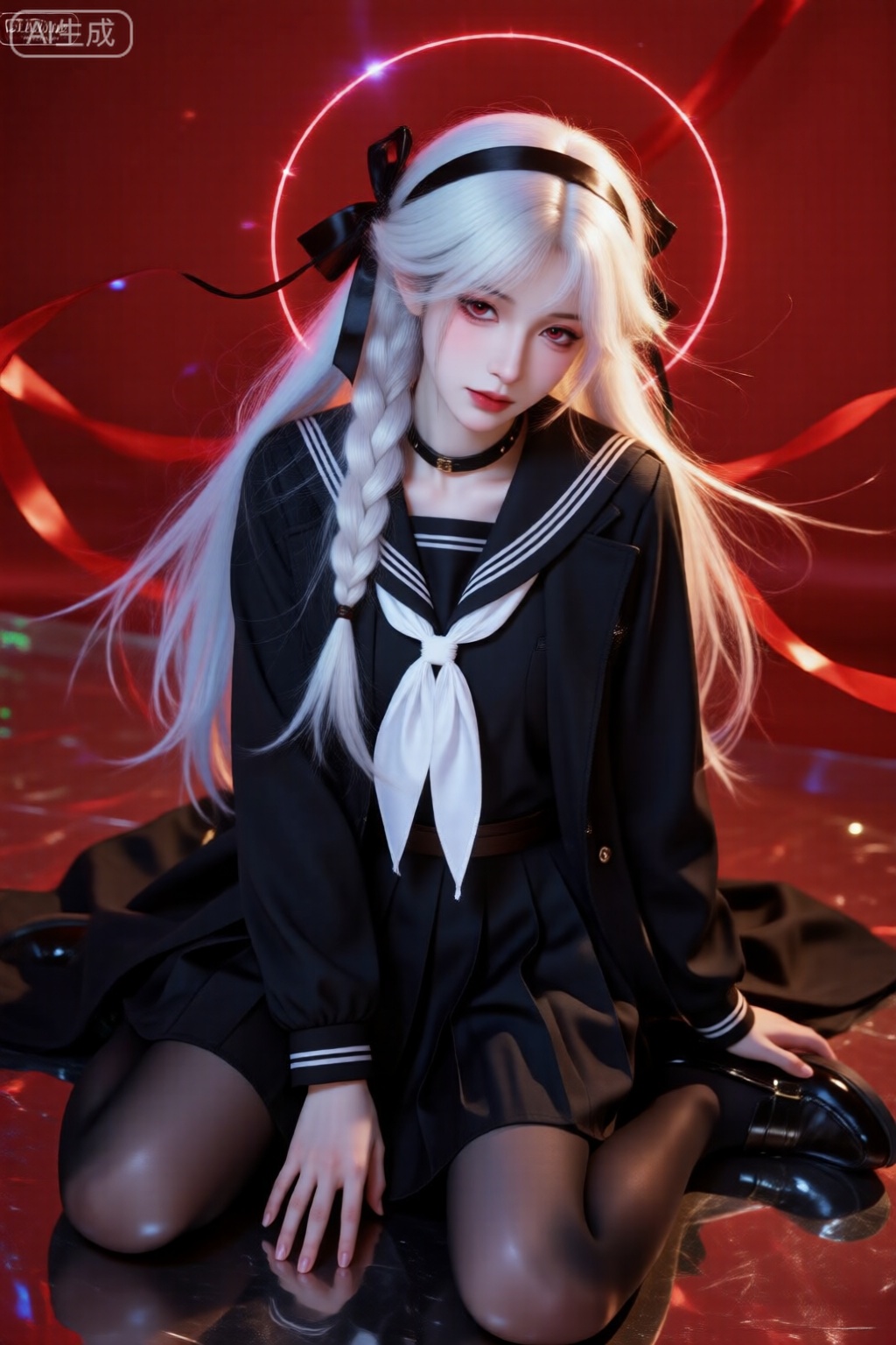  1girl, plana \(blue archive\), halo, solo, pantyhose, school uniform, long hair, skirt, serafuku, black hairband, hairband, black pantyhose, black serafuku, white neckerchief, choker, black choker, neckerchief, pleated skirt, white hair, sailor collar, black skirt, braid, red halo, black sailor collar, shoes, hair over one eye, black eyes, very long hair, long sleeves, black footwear, sitting, looking at viewer, red pupils, closed mouth, full body, black coat, coat, loafers, red background, ribbon, single braid, hair ribbon, multicolored hair, chromatic aberration,MNI