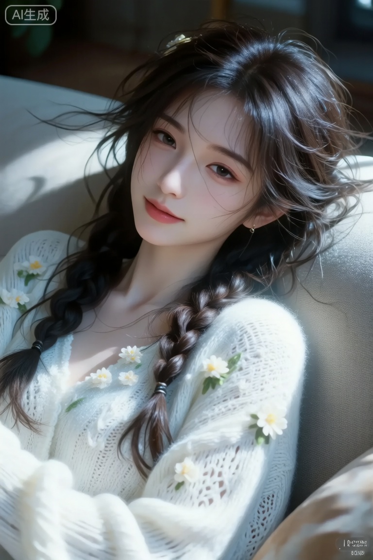 侧边慵懒麻花辫,发丝凌乱飞舞唯美,皮肤白皙,白色镂空针织衫,刺绣立体小花,美若仙子,简约配饰,聚光灯,影子,极致光影,唯美慵懒感,清冷感,长发美女【场景描述】超精细8K细节写实摄影,人物屏占比90%,浅景深虚化背景,专业影棚柔光与自然光混合布光【人物刻画】20岁亚洲女性coser特写,素颜无瑕肌肤（强调零粉感/真实肤质/自然唇色）,自然呆萌状态,野生眉原生毛发质感,湿润凌乱长卷发自然的微笑,Octane渲染,真实摄影噪点,电影级光影层次,动态捕捉定格效果,躺在沙发上休息.DLSR RAW质感,MNI