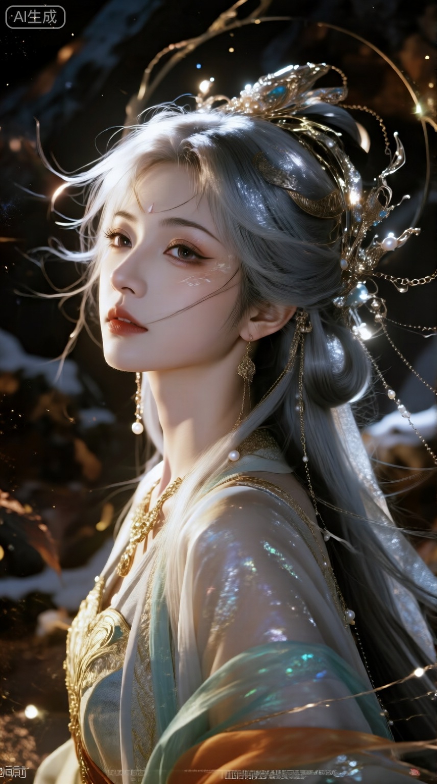 电影写实,人像写真,全身相, 山间美女精怪,灰银色云母光泽质感头发,金属加珠光光泽的飘带的头饰,金属链条编织到头发里,超长头饰,超长耳坠,珍珠,碎发,发带,渐变衣裙,敦煌风衣裙, 黄金比例的五官,中式古典美人,绝美眼睛,长睫毛,棕色瞳孔。绝美眼睛,狭长凤眼,鹅蛋脸,细节五官。丰富细节,含情眼,神性,头光,头环,远山,雪原,HDR写实质感,不合逻辑,珠光,反光,暗夜,抽象,意识流,梦核,光线暗、能见度低,有噪点暗角。艺术感强。画面有辉光、耀光、雾感,融合惊悚与梦核元素,梦核美学,数字噪音与失真效果,从错误中寻找创意,对现有系统的颠覆与重塑,强烈的光影对比,仰镜头,强烈的对比色碰撞,惊艳,意识流,随机背景,柔和侧光渲染,写实,失真故障质感暗金色点缀,空间交错、电影镜头,全景航拍,微光,宿命感,华丽,曜变,仿佛命运的丝线正在被无情拉扯,充满了神秘而紧张的氛围。,MNI