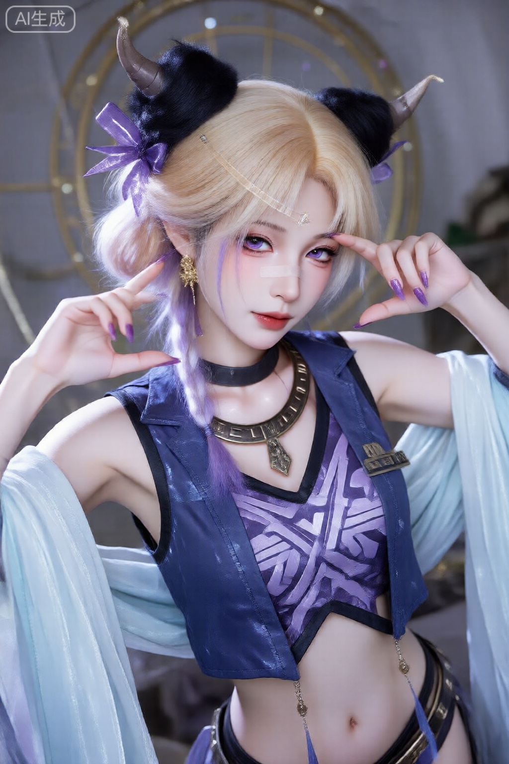 1girl,solo,looking at viewer,short hair,bangs,blonde hair,black hair,hair ornament,long sleeves,bow,navel,holding,purple eyes,jacket,purple hair,braid,ahoge,multicolored hair,horns,sleeveless,midriff,hair bun,star \(symbol\),nail polish,streaked hair,crop top,clothing cutout,double bun,stuffed toy,stuffed animal,x hair ornament,crescent,bandaid,star hair ornament,purple nails,bandaid on face,crescent hair ornament,bandaid on nose,MNI