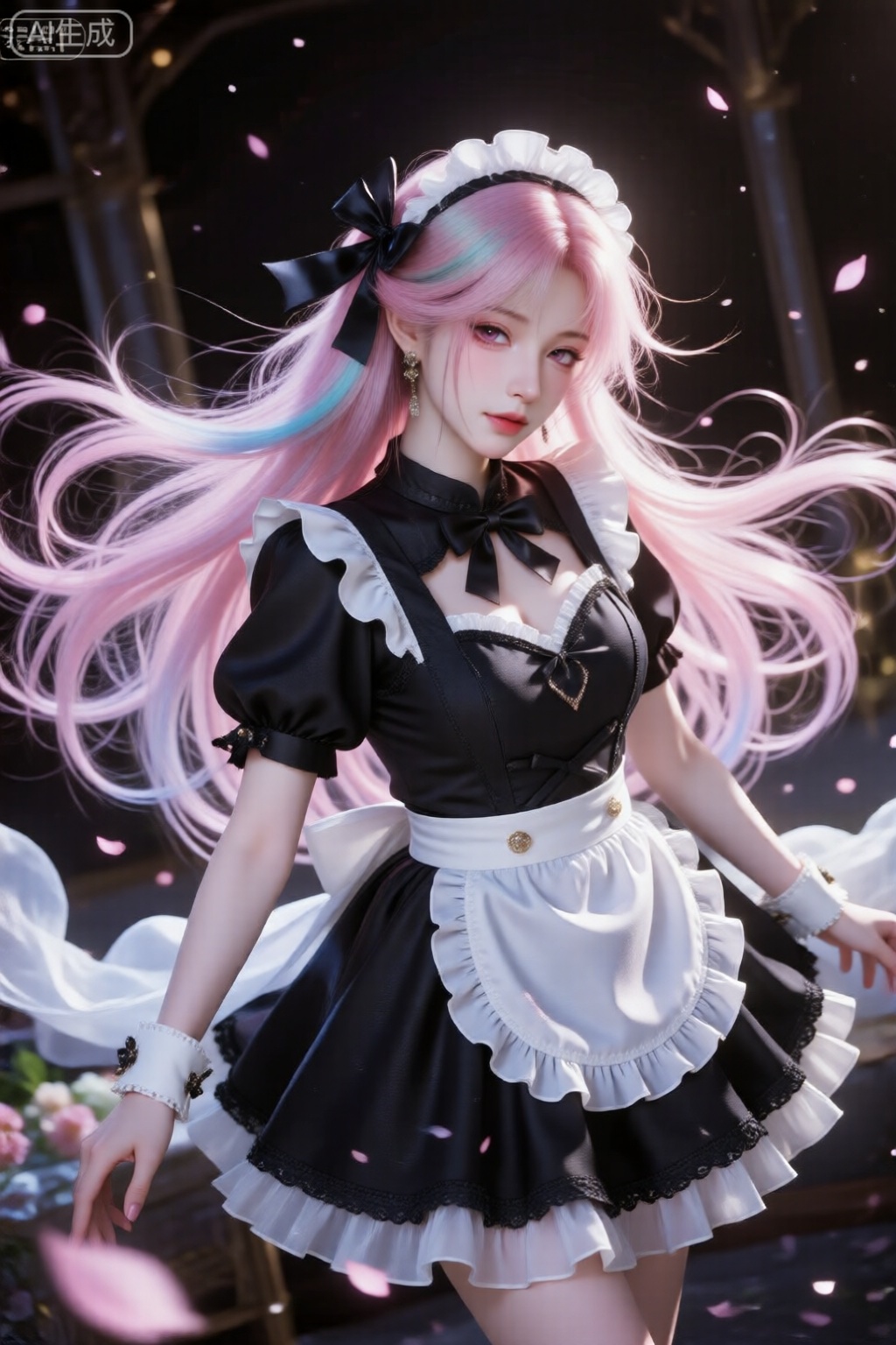 1girl, solo, long_hair, dress, maid_headdress, petals, apron, maid, hair_over_one_eye, pink_hair, short_sleeves, multicolored_hair, bow, black_hair, frills, black_dress, heart, puffy_sleeves, looking_at_viewer, pink_eyes, puffy_short_sleeves, black_bow, colored_inner_hair, jewelry, parted_lips, hair_bow, wrist_cuffs, floating_hair, white_apron, maid_apron, frilled_dress, bowtie, two-tone_hair (dramatic angle,dynamic angle,dynamic pose:1.2), (all body) (Show whole body),(all body),Exaggerated movements,large movement amplitude,MNI