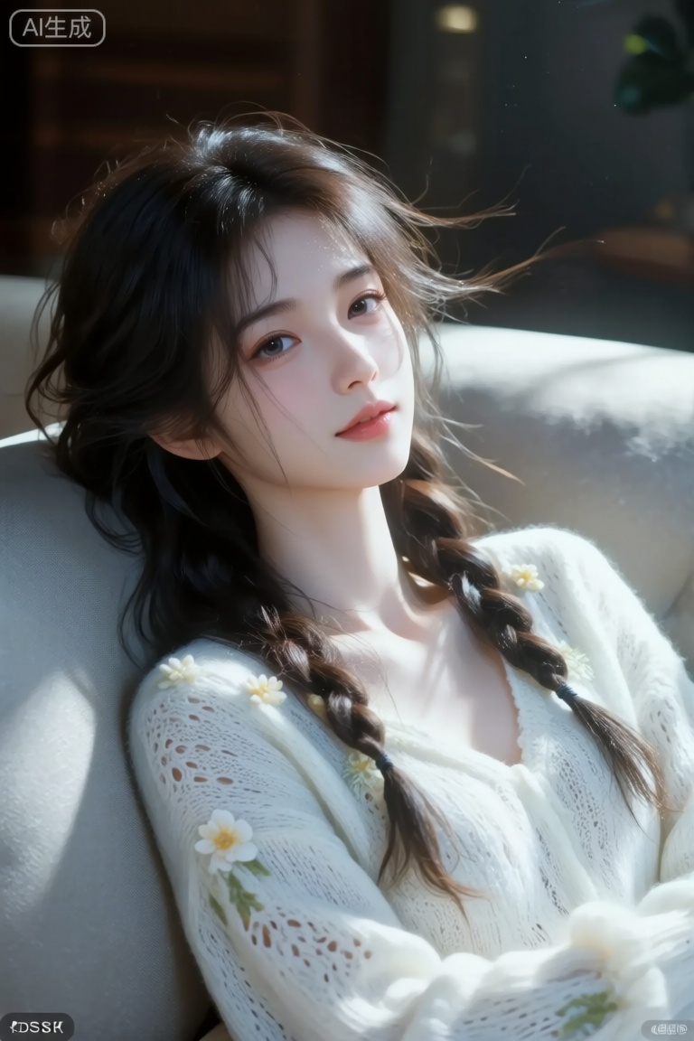 侧边慵懒麻花辫,发丝凌乱飞舞唯美,皮肤白皙,白色镂空针织衫,刺绣立体小花,美若仙子,简约配饰,聚光灯,影子,极致光影,唯美慵懒感,清冷感,长发美女【场景描述】超精细8K细节写实摄影,人物屏占比90%,浅景深虚化背景,专业影棚柔光与自然光混合布光【人物刻画】20岁亚洲女性coser特写,素颜无瑕肌肤（强调零粉感/真实肤质/自然唇色）,自然呆萌状态,野生眉原生毛发质感,湿润凌乱长卷发自然的微笑,Octane渲染,真实摄影噪点,电影级光影层次,动态捕捉定格效果,躺在沙发上休息.DLSR RAW质感,MNI