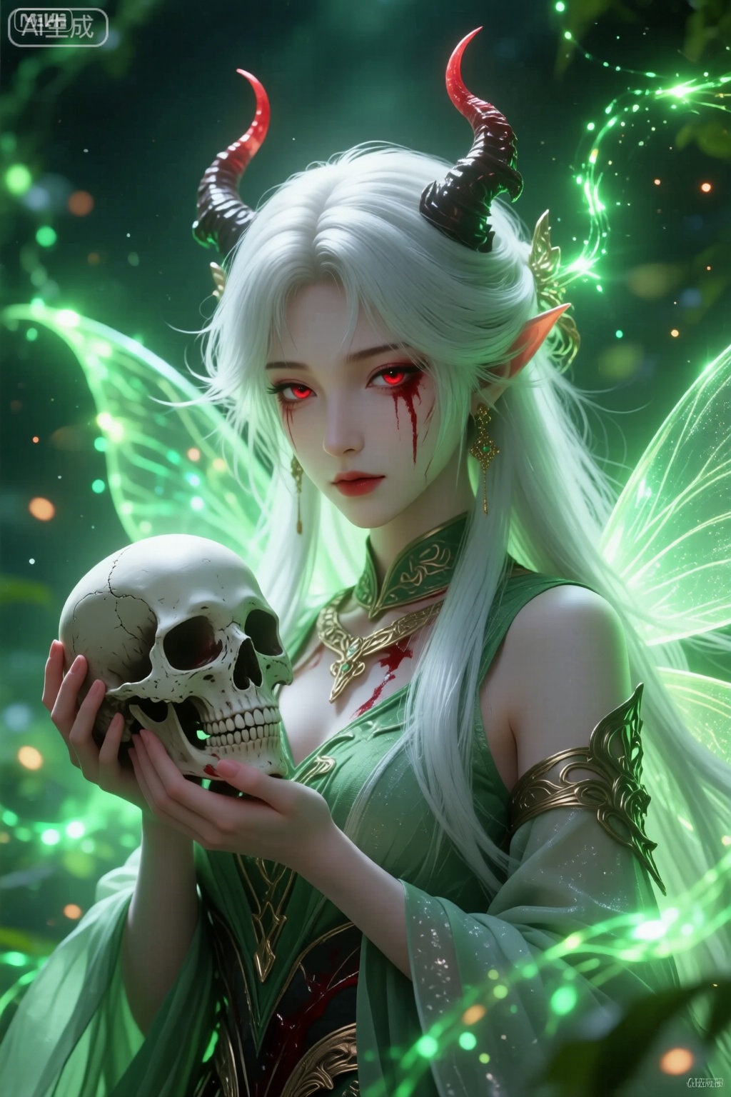 A girl, like a fairy in the sky, a fairy and a demon, holds a skull in her hand, with white hair, long hair, elegant hair, red eyes, blood in her eyes, and glowing special effects behind her.The overall appearance is green style.Realism,MNI