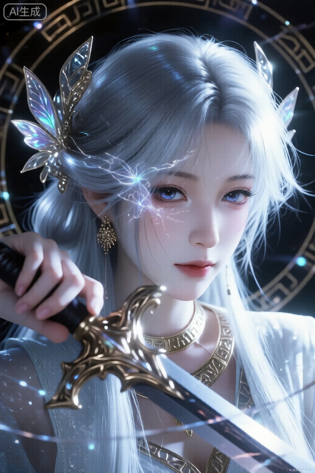 超高清,正面,魔卡少女樱真人,微距镜头聚焦。化妖,蝶羽,荆棘前景,荧光符文光环,飞仙,暗黑,天行,荧光异色瞳孔虹膜晶体纹理清晰,少女肌肤清透泛着淡淡的opal冷光,pbr材质肌肤,白皙有光泽,朦胧白光描边,银白色长发根根分明,辛烷值渲染,oc渲染,真实肌肤纹理,华丽复杂金属光泽花朵发饰蔓延遮挡左眼折射白光,华丽翅膀护手,镂空设计,手握有华丽翅膀剑护的西方刺剑,强光打下,面部明暗对比鲜明,阴影层次丰富。,MNI