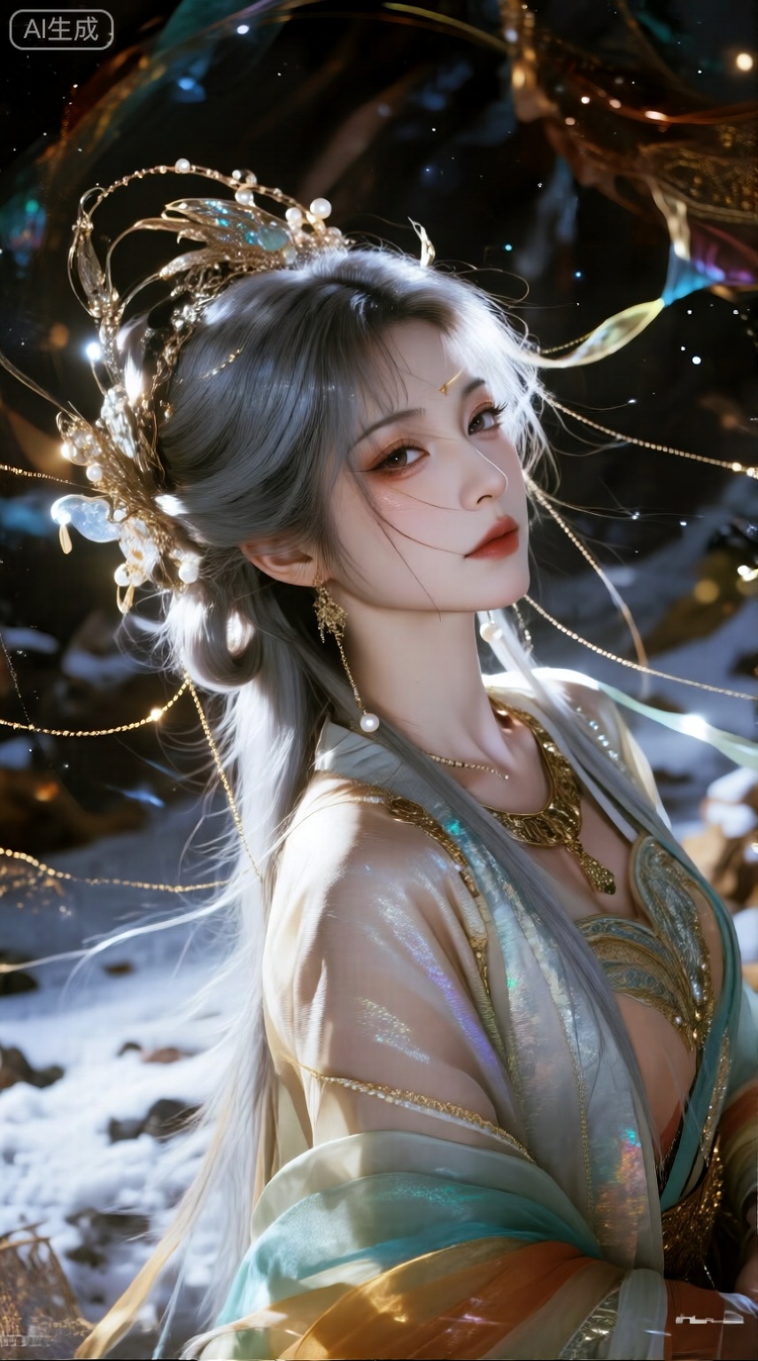 电影写实,人像写真,全身相, 山间美女精怪,灰银色云母光泽质感头发,金属加珠光光泽的飘带的头饰,金属链条编织到头发里,超长头饰,超长耳坠,珍珠,碎发,发带,渐变衣裙,敦煌风衣裙, 黄金比例的五官,中式古典美人,绝美眼睛,长睫毛,棕色瞳孔。绝美眼睛,狭长凤眼,鹅蛋脸,细节五官。丰富细节,含情眼,神性,头光,头环,远山,雪原,HDR写实质感,不合逻辑,珠光,反光,暗夜,抽象,意识流,梦核,光线暗、能见度低,有噪点暗角。艺术感强。画面有辉光、耀光、雾感,融合惊悚与梦核元素,梦核美学,数字噪音与失真效果,从错误中寻找创意,对现有系统的颠覆与重塑,强烈的光影对比,仰镜头,强烈的对比色碰撞,惊艳,意识流,随机背景,柔和侧光渲染,写实,失真故障质感暗金色点缀,空间交错、电影镜头,全景航拍,微光,宿命感,华丽,曜变,仿佛命运的丝线正在被无情拉扯,充满了神秘而紧张的氛围。,MNI