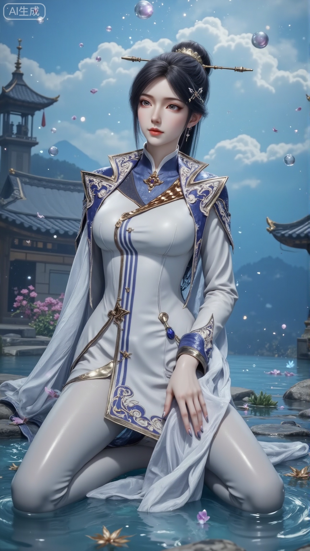The image depicts a quiet underwater scene, in which a female character elegantly wears an elegant white and blue wedding dress. She is wearing white stockings. Her character is surrounded by water, kneeling on the surface of the water and rippling. Colorful bubbles float around her, with traditional pagodas and clouds in the background. The light is soft and ethereal, giving the scene a dreamy and magical atmosphere. Black hair, wedding dress, white stockings, kneeling.Girls occupy the whole picture.White stockings and high heels,White wedding dress