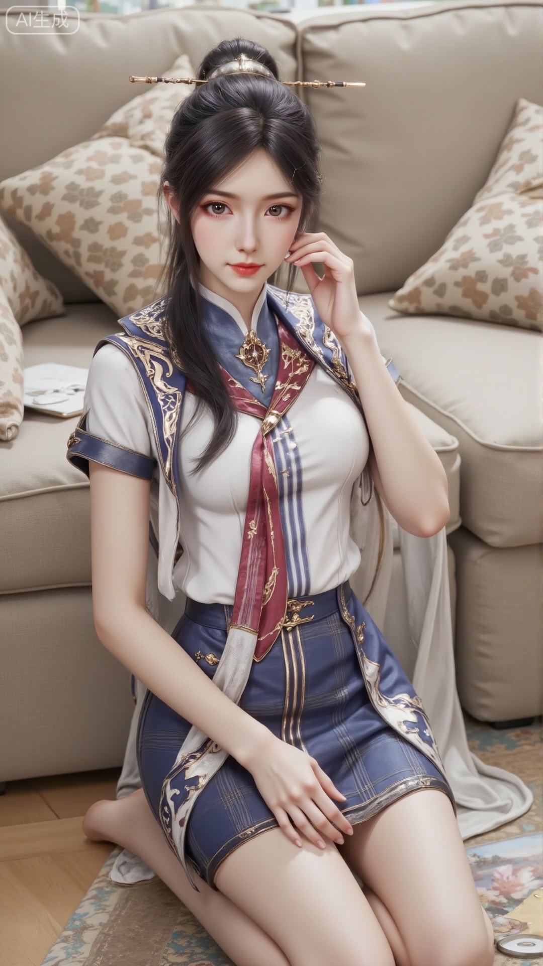 The picture shows a young woman kneeling on the floor in front of a beige sofa. She is wearing a white short-sleeved shirt, a red and white striped tie, a blue plaid skirt and a long Jane white ribbon. Her hair is long and black. The background includes a beige sofa and several cushions, and the floor is covered with a light brown carpet. The overall setting seems to be indoors, and natural lighting illuminates the scene.