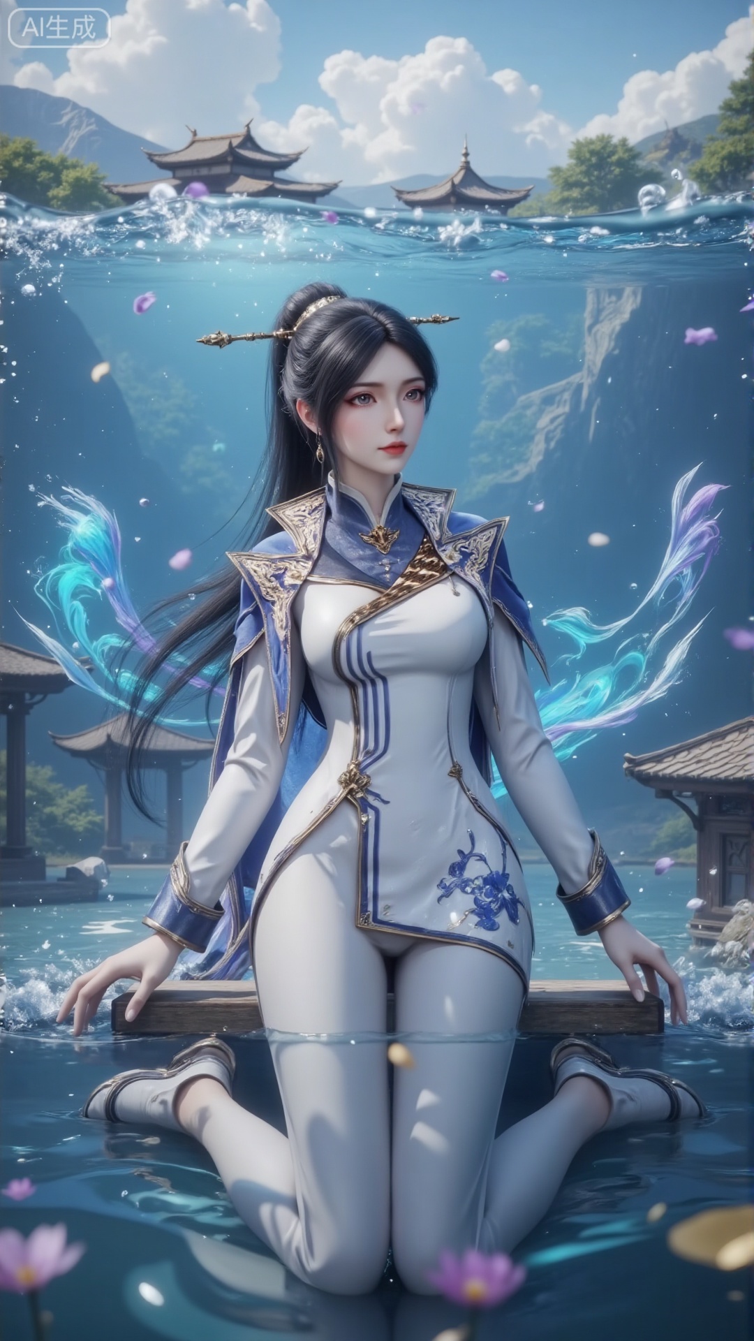 The image depicts a quiet underwater scene, in which a female character elegantly wears an elegant white and blue wedding dress. She is wearing white stockings. Her character is surrounded by water, kneeling on the surface of the water and rippling. Colorful bubbles float around her, with traditional pagodas and clouds in the background. The light is soft and ethereal, giving the scene a dreamy and magical atmosphere. Black hair, wedding dress, white stockings, kneeling.Girls occupy the whole picture.White stockings and high heels