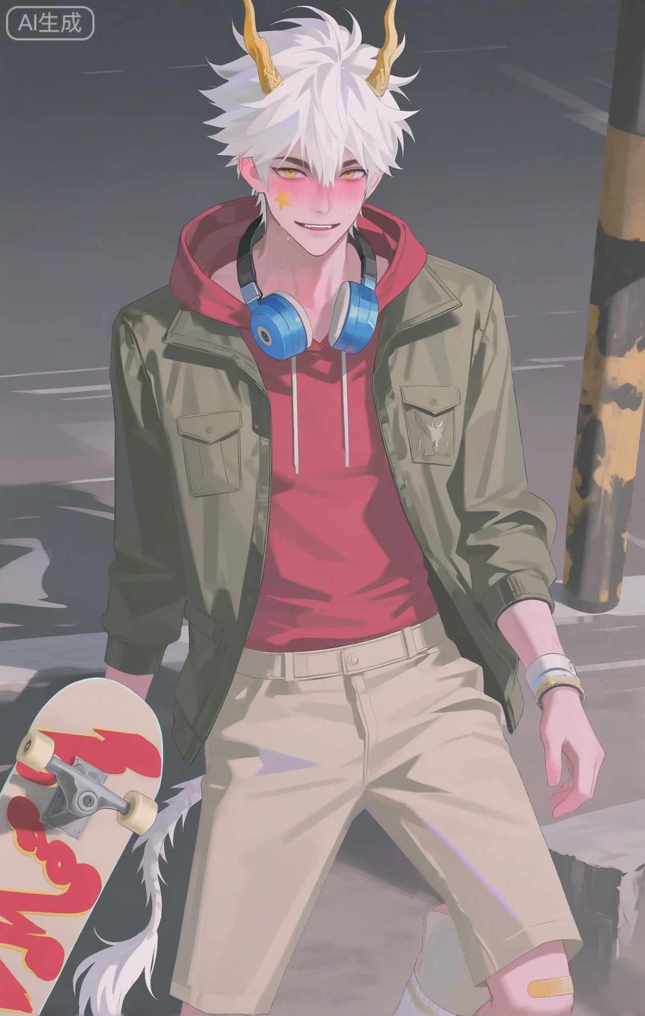 Small note art style,,xiaozhitiao,yu xuan,multicolored hair,White dragon tail,White dragon horns,yellow eyes,white hair,blonde hair,1boy,bangs
,socks,white socks

masterpiece, best quality, highres, absurdres, perfect lighting, male, masculine, athletic, toned legs, six - pack abs, sweat glistening, tan skin, (an excited, fearless expression, blushing from the rush:1.4), nose piercing, (a shark - tooth - patterned hood on a red hoodie:1.3), star - burst facial mark, band - aid on knee, (stickers of skate brands on face:1.2), (wearing a distressed, olive - green military - style jacket over the hoodie:1.4), (a long, zebra - print scarf wrapped around the neck twice:1.4), (wearing baggy, khaki cargo pants:1.2), (white cotton socks:1.2), mid - air while doing a skateboard trick in an abandoned skate park, (holding the skateboard by the edge:1.4), (a spray - painted "Skate or Die" sign in the background:1.4), colorful ramps, broken concrete, dynamic pose, action - packed art, , high - angle view, detailed skateboard graphics, (skate - culture theme:1.3), (earthy - bright color theme:1.2), (dynamic - motion theme:1.4)


,InplickStyleTest