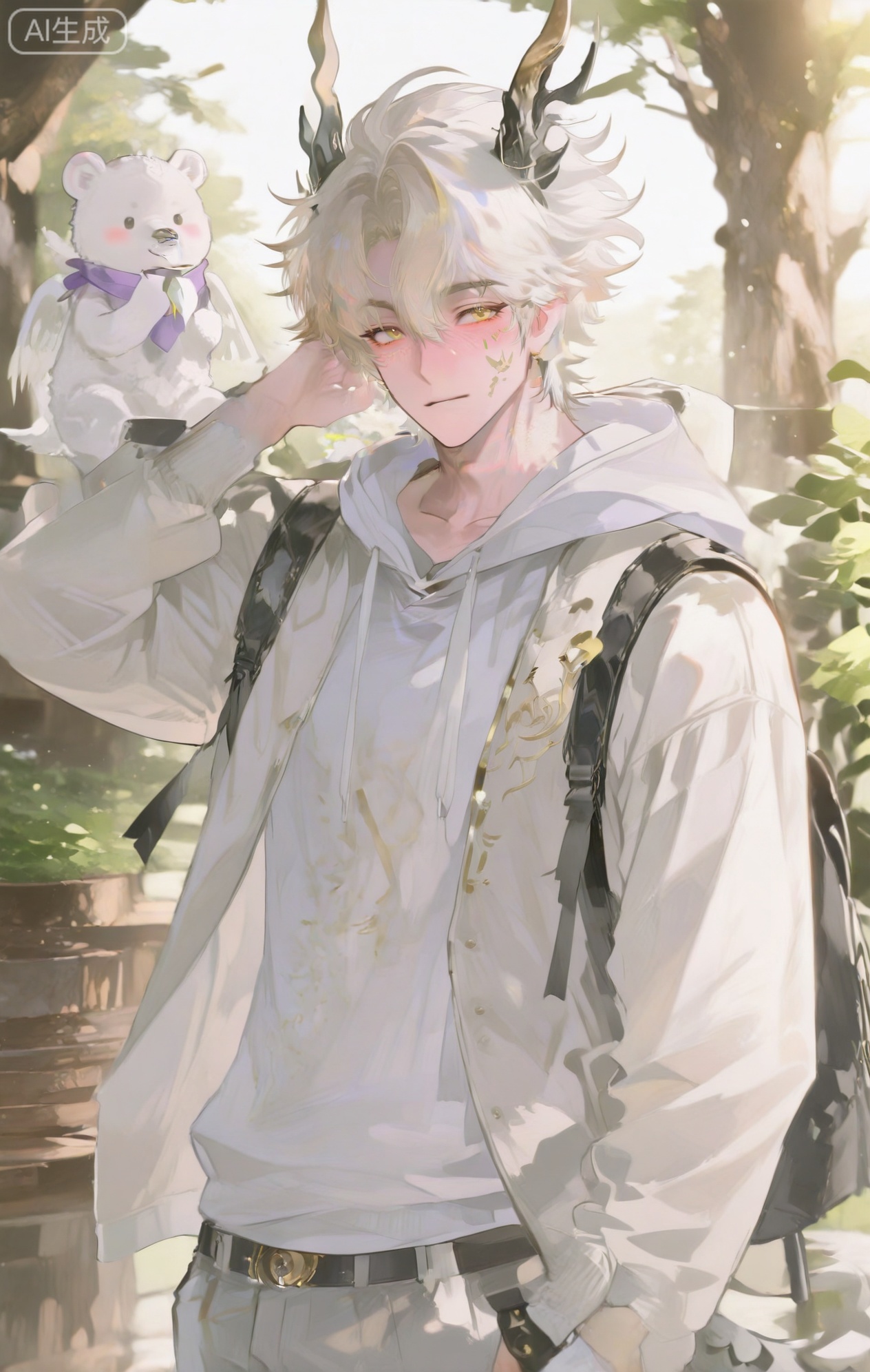 Small note art style,,xiaozhitiao,yu xuan,multicolored hair,White dragon tail,White dragon horns,yellow eyes,white hair,blonde hair,1boy,bangs
,socks,white socks

masterpiece, best quality, highres, absurdres, perfect lighting, male, masculine, athletic, broad shoulders, well - sculpted abs, a bit of sweat on the brow, fair skin, (a pensive, dreamy expression, blushing softly:1.4), eyebrow piercing, (a fluffy, white polar - bear - ear - like hood on a grey hoodie:1.3), crescent - moon facial mark, plaster on finger, (stickers of constellations on face:1.2), (wearing an oversized, light - brown corduroy jacket over the hoodie:1.4), (a thick, purple velvet scarf with golden embroidery:1.4), (wearing straight - leg, charcoal - grey trousers:1.2), (white wool socks:1.2), walking along a path in a park filled with ancient - looking trees, (holding a small, leather - bound journal:1.4), (a strange, glowing plant by the path:1.4), dappled sunlight, soft shadows, nature - fantasy setting, dynamic pose, landscape art,, side - angle view, detailed tree bark, (mysterious - nature theme:1.3), (neutral - rich color theme:1.2), (soft - light theme:1.4)


,InplickStyleTest