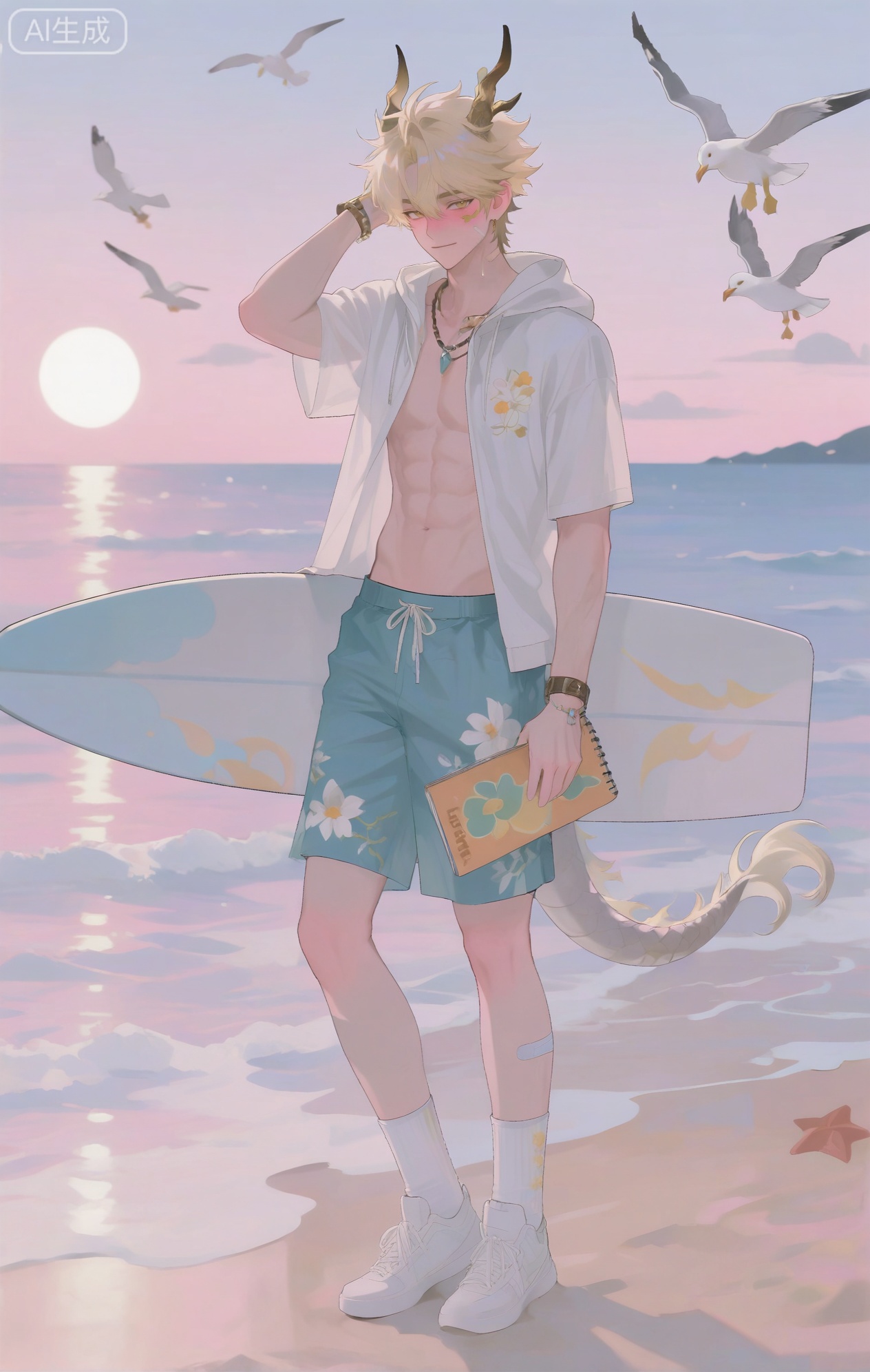 Small note art style,,xiaozhitiao,yu xuan,multicolored hair,White dragon tail,White dragon horns,yellow eyes,white hair,blonde hair,1boy,bangs
,socks,white socks

masterpiece, best quality, highres, absurdres, perfect lighting, male, masculine, athletic, ripped abs, sweat drying in the sun, light - brown skin, (a laid - back, creative expression, blushing from the sun:1.4), helix piercing, (a sea - shell - adorned hood on a white hoodie:1.3), wave - like facial mark, band - aid on foot, (stickers of sea creatures on face:1.2), (wearing an open, short - sleeved, floral - printed Hawaiian shirt over the hoodie:1.4), (a long, blue - and - green ombre - colored scarf with sea - glass beads:1.4), (wearing board - shorts with a surfboard pattern:1.2), (white ankle socks:1.2), strolling on a sandy beach with a boardwalk in the background, (holding a sketchbook and a charcoal pencil:1.4), (a seagull flying overhead:1.4), ocean waves crashing, sunny day, beach - art theme, dynamic pose, plein - air art,  eye - level view, detailed sand texture, (beach - creativity theme:1.3), (beach - color theme:1.2), (sun - kissed theme:1.4)


,InplickStyleTest