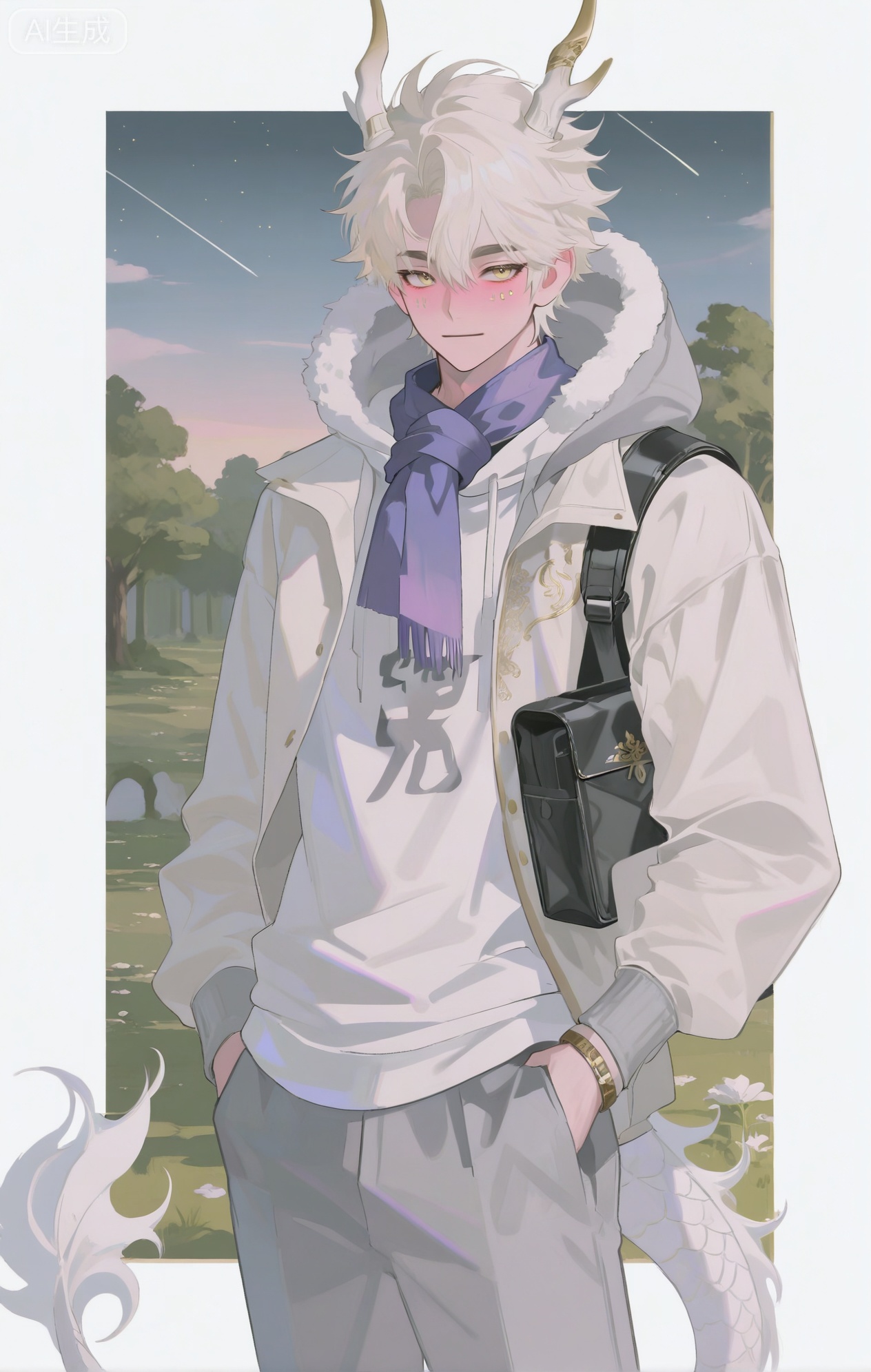 Small note art style,,xiaozhitiao,yu xuan,multicolored hair,White dragon tail,White dragon horns,yellow eyes,white hair,blonde hair,1boy,bangs
,socks,white socks

masterpiece, best quality, highres, absurdres, perfect lighting, male, masculine, athletic, broad shoulders, well - sculpted abs, a bit of sweat on the brow, fair skin, (a pensive, dreamy expression, blushing softly:1.4), eyebrow piercing, (a fluffy, white polar - bear - ear - like hood on a grey hoodie:1.3), crescent - moon facial mark, plaster on finger, (stickers of constellations on face:1.2), (wearing an oversized, light - brown corduroy jacket over the hoodie:1.4), (a thick, purple velvet scarf with golden embroidery:1.4), (wearing straight - leg, charcoal - grey trousers:1.2), (white wool socks:1.2), walking along a path in a park filled with ancient - looking trees, (holding a small, leather - bound journal:1.4), (a strange, glowing plant by the path:1.4), dappled sunlight, soft shadows, nature - fantasy setting, dynamic pose, landscape art,, side - angle view, detailed tree bark, (mysterious - nature theme:1.3), (neutral - rich color theme:1.2), (soft - light theme:1.4)


,InplickStyleTest