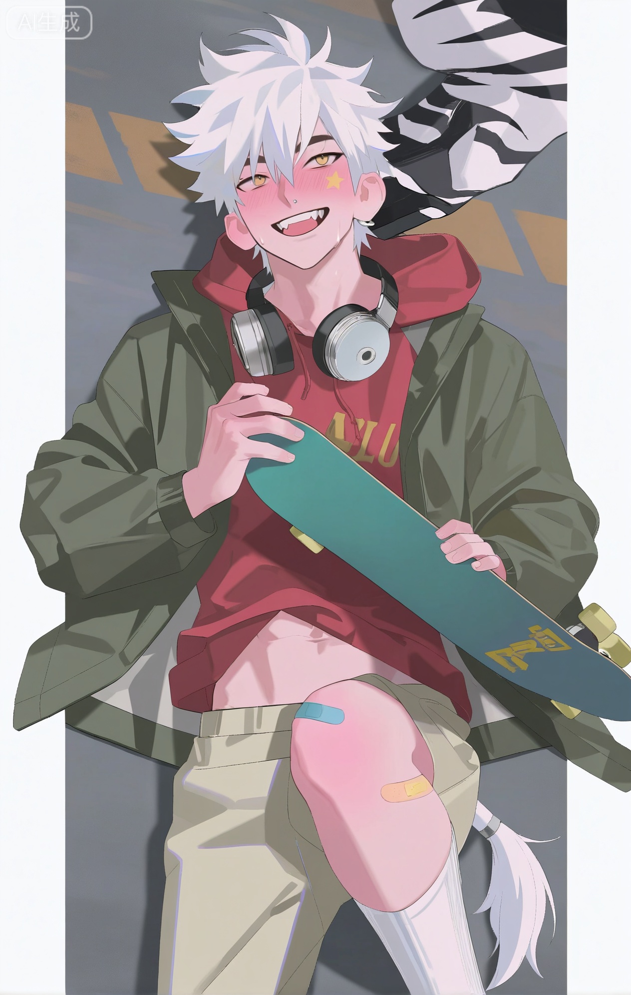 Small note art style,,xiaozhitiao,yu xuan,multicolored hair,White dragon tail,White dragon horns,yellow eyes,white hair,blonde hair,1boy,bangs
,socks,white socks

masterpiece, best quality, highres, absurdres, perfect lighting, male, masculine, athletic, toned legs, six - pack abs, sweat glistening, tan skin, (an excited, fearless expression, blushing from the rush:1.4), nose piercing, (a shark - tooth - patterned hood on a red hoodie:1.3), star - burst facial mark, band - aid on knee, (stickers of skate brands on face:1.2), (wearing a distressed, olive - green military - style jacket over the hoodie:1.4), (a long, zebra - print scarf wrapped around the neck twice:1.4), (wearing baggy, khaki cargo pants:1.2), (white cotton socks:1.2), mid - air while doing a skateboard trick in an abandoned skate park, (holding the skateboard by the edge:1.4), (a spray - painted "Skate or Die" sign in the background:1.4), colorful ramps, broken concrete, dynamic pose, action - packed art, , high - angle view, detailed skateboard graphics, (skate - culture theme:1.3), (earthy - bright color theme:1.2), (dynamic - motion theme:1.4)


,InplickStyleTest