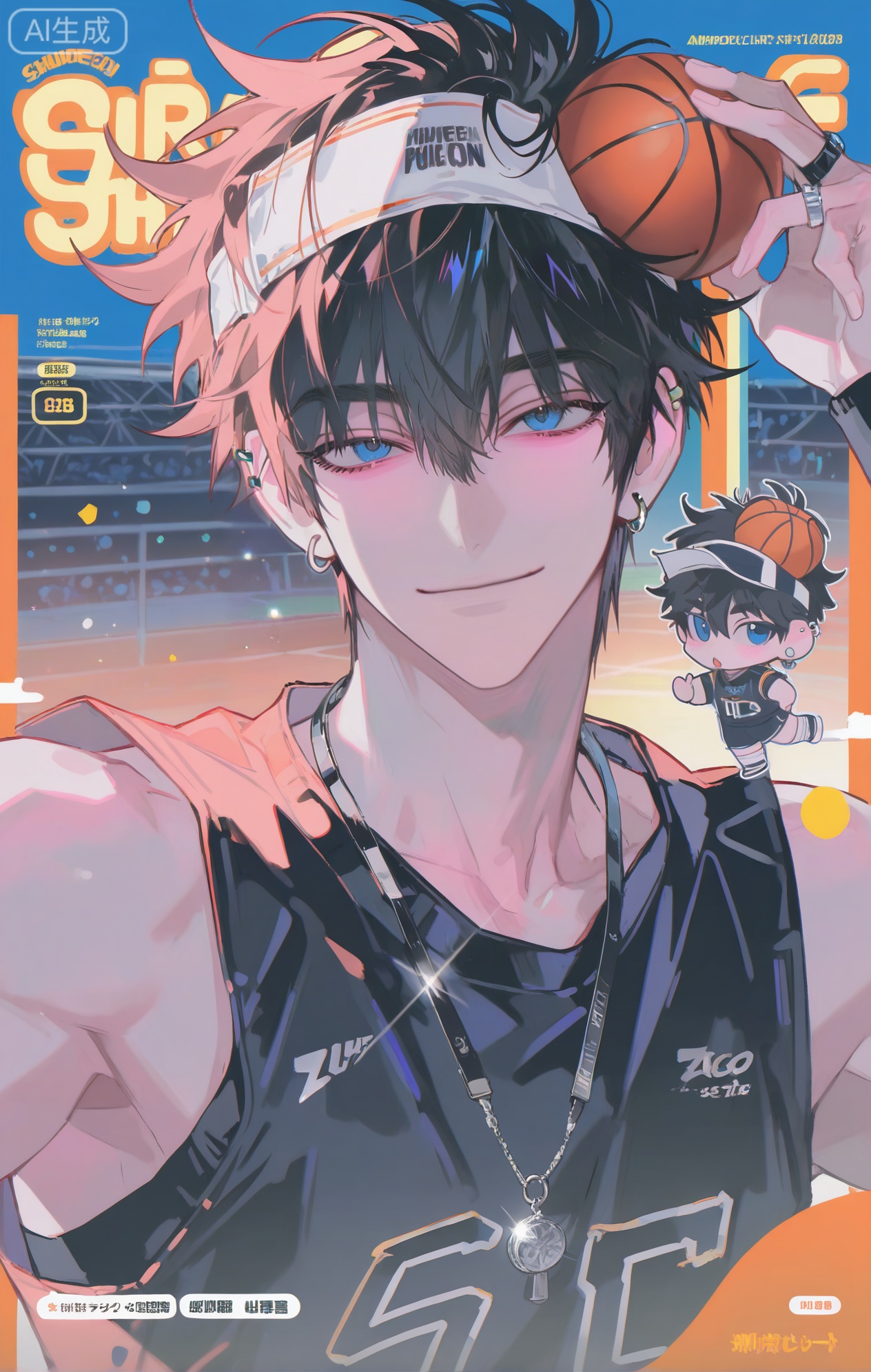 (artist:mazjojo:0.83), (artist:pigeon666:0.67), (artist:zawar379:0.77), (artist:remsrar:0.65), (artist:yoneyama mai:0.74), (artist:chimmyming:0.72), masterpiece, 4k, hd, HDR, amazing quality, best quality, high resolution, goldenfieldszho, newest, very aesthetic, ultra-detailed, absurdres, perfect lighting, volumetric lighting, (golden hour lighting), shadowing, (good shadowing), depth of field, scenery, amazing aesthetics, cinematic lighting, cinematic, shading, (good shading), counter_shading, subsurface scattering, intricate details, illustration, perfect hands, handsome, 1boy, solo, male focus, bishounen, long hair, hair between eyes, blonde hair, blue eyes, tired smile, toned male, skinny, (sweatband on head:1.4), ear piercings, jewelry, multiple necklaces, stud earrings, ear chain, multiple rings, v, white basketball jersey, (number print '07':1.4), off-shoulder jersey, black **** top, (holding a basketball:1.5), multicolored background, (orange background:1.4), (blue background:1.4), (rooftop basketball court background:1.3), (colored shadow:1.5), purple shadow, upper body, close-up, dynamic pose, dynamic angle, beautiful background, detailed background, magazine cover, (fake cover:1.8), (chibi inset:1.9), glint, lens flare, light particles, Chip7SKTest


,InplickStyleTest