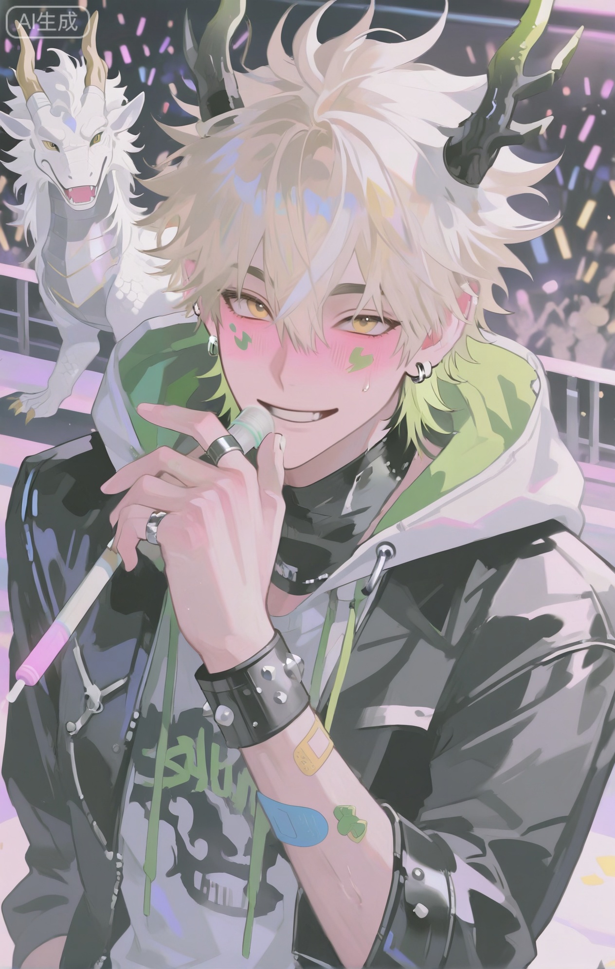 Small note art style,,xiaozhitiao,yu xuan,multicolored hair,White dragon tail,White dragon horns,yellow eyes,white hair,blonde hair,1boy,bangs
,socks,white socks

masterpiece, best quality, highres, absurdres, perfect lighting, male, masculine, athletic, toned chest, six - pack abs, sweat pouring, tan skin, (an ecstatic, wild expression, blushing from the energy:1.4), septum piercing, (a punk - style, spike - covered hood on a red - and - black plaid hoodie:1.3), lightning - strike facial mark, band - aid on wrist, (stickers of rock bands on face:1.2), (wearing a studded, black leather jacket over the hoodie:1.4), (a long, neon - green and black checker - patterned scarf with safety - pin accents:1.4), (wearing ripped, black skinny jeans:1.2), (white sport socks:1.2), jumping up and down in the middle of a crowded music festival, (holding a glow - stick in each hand:1.4), (a large, colorful stage in the background:1.4), confetti in the air, loud music, festival - chaos theme, dynamic pose, pop - art, high - angle view, detailed crowd, (punk - festival theme:1.3), (bold - color theme:1.2), (energetic - motion theme:1.4)


,InplickStyleTest