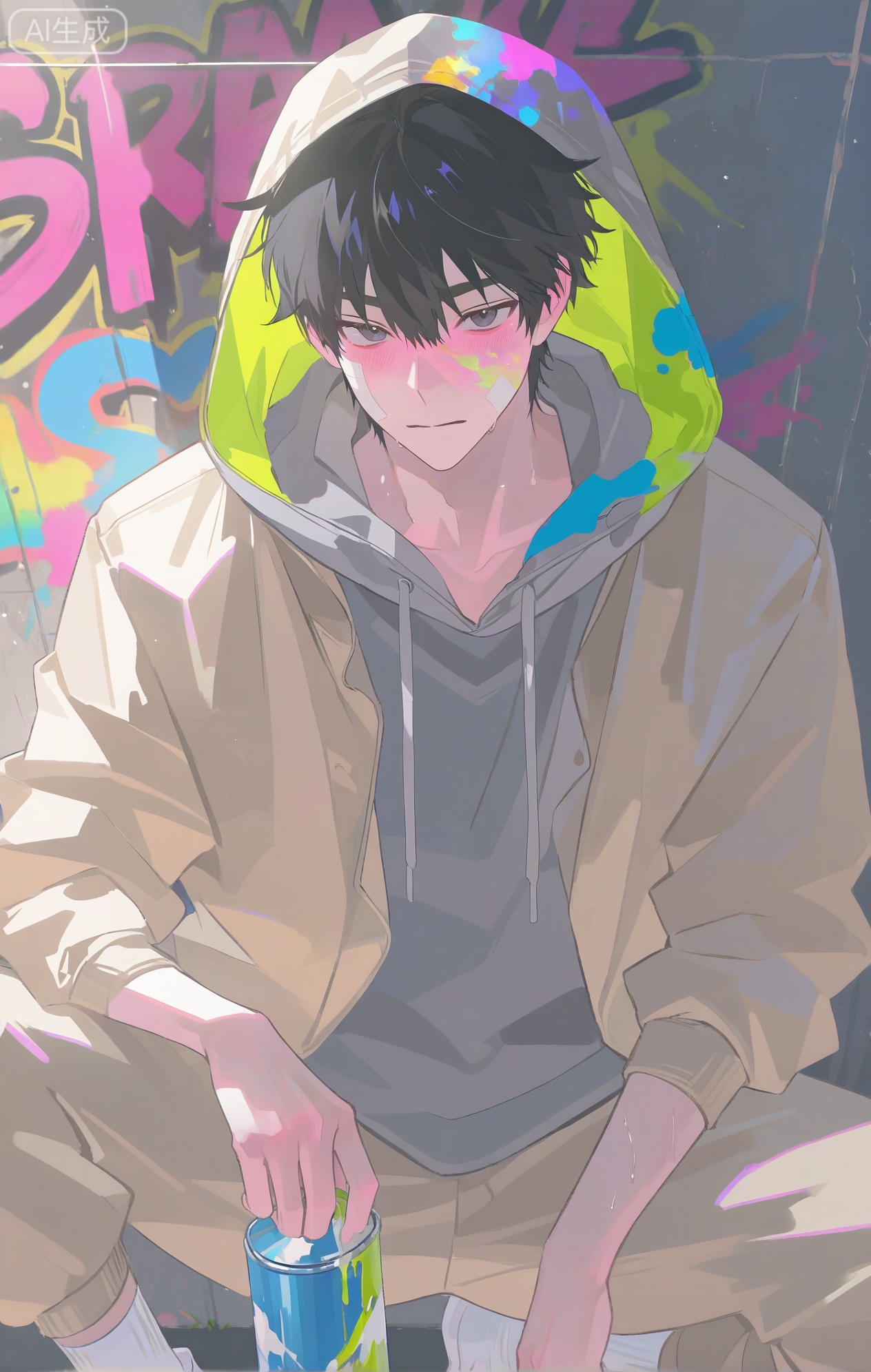 masterpiece, best quality, highres, absurdres, perfect lighting, male, masculine, athletic, sinewy muscles, well - defined abs, a light sheen of sweat, olive - toned skin, (a focused, inspired expression, blushing with passion:1.4), conch piercing, (a paint - splattered, beret - like hood on a grey hoodie:1.3), paint - brush - stroke facial mark, band - aid on knuckle, (stickers of famous graffiti artists on face:1.2), (wearing a lightweight, khaki work - style jacket over the hoodie:1.4), (a long, brown - and - yellow striped scarf with paint stains:1.4), (wearing loose, beige cargo pants:1.2), (white tube socks:1.2), kneeling in an alleyway, (holding a spray - paint can:1.4), (a half - completed, colorful graffiti mural on the wall:1.4), scattered paint cans, stencils, urban - art setting, dynamic pose, street - art, , side - angle view, detailed graffiti, (urban - art theme:1.3), (earthy - bright color theme:1.2), (creative - process theme:1.4)


,InplickStyleTest