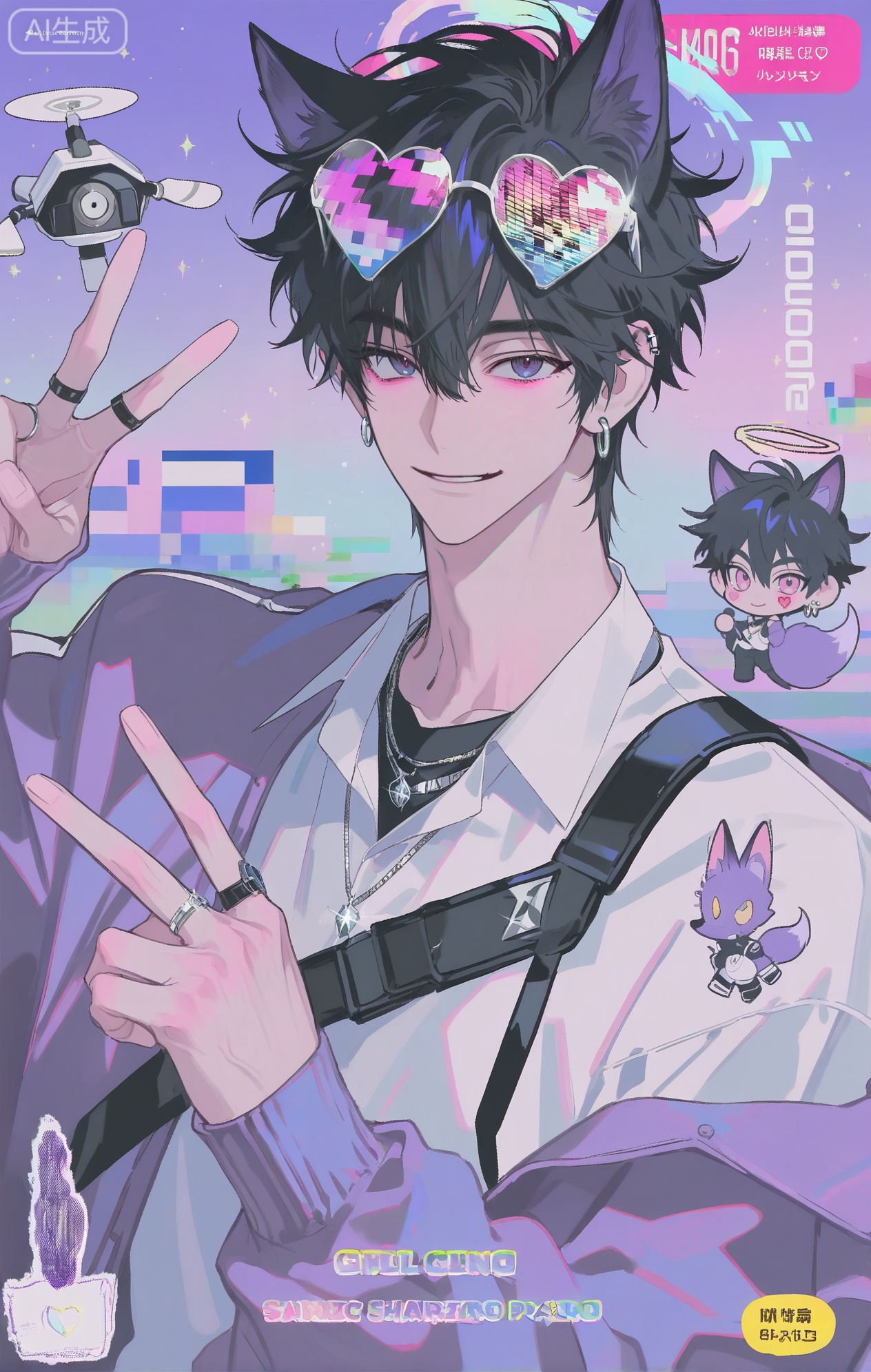 (artist:mazjojo:0.83), (artist:pigeon666:0.67), (artist:zawar379:0.77), (artist:remsrar:0.65), (artist:yoneyama mai:0.74), (artist:chimmyming:0.72), masterpiece, 4k, hd, HDR, amazing quality, best quality, high resolution, goldenfieldszho, newest, very aesthetic, ultra-detailed, absurdres, perfect lighting, volumetric lighting, (neon lighting), shadowing, (good shadowing), depth of field, scenery, amazing aesthetics, cinematic lighting, cinematic, shading, (good shading), counter_shading, subsurface scattering, intricate details, illustration, perfect hands, handsome, 1boy, solo, male focus, bishounen, long hair, hair between eyes, lavender hair, pink eyes, playful smile, toned male, skinny, eyewear on head, (pixelated heart glasses:1.4), holographic crown, (glitching data halo:1.5), star hairclip, ear piercings, jewelry, multiple necklaces, pixel heart earrings, ear chain, multiple rings, v, pink halo, (purple fox ears:1.3), (nine fluffy purple fox tails:1.3), purple iridescent sweater, (glitching heart print:1.4), off-shoulder sweater, white collared shirt, non-humanoid robot, (floating microphone drone:1.5), multicolored background, (purple background:1.4), (pink background:1.4), (glitch art background:1.3), (colored shadow:1.5), pink shadow, upper body, close-up, dynamic pose, dynamic angle, beautiful background, detailed background, magazine cover, (fake cover:1.8), (chibi inset:1.9), glint, lens flare, light particles, Chip7SKTest



,InplickStyleTest