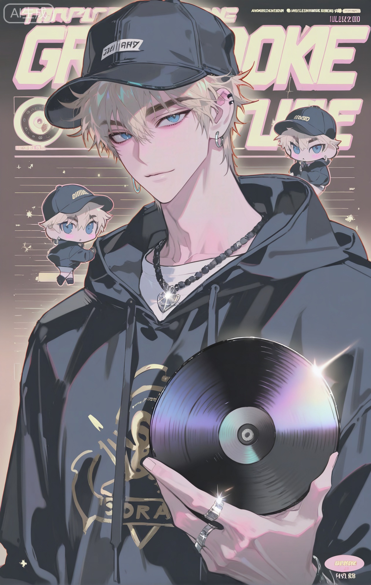 (artist:mazjojo:0.83), (artist:pigeon666:0.67), (artist:zawar379:0.77), (artist:remsrar:0.65), (artist:yoneyama mai:0.74), (artist:chimmyming:0.72), masterpiece, 4k, hd, HDR, amazing quality, best quality, high resolution, goldenfieldszho, newest, very aesthetic, ultra-detailed, absurdres, perfect lighting, volumetric lighting, (dim indoor lighting), shadowing, (good shadowing), depth of field, scenery, amazing aesthetics, cinematic lighting, cinematic, shading, (good shading), counter_shading, subsurface scattering, intricate details, illustration, perfect hands, handsome, 1boy, solo, male focus, bishounen, long hair, hair between eyes, blonde hair, blue eyes, focused expression, toned male, skinny, (backwards baseball cap:1.4), ear piercings, jewelry, multiple necklaces, hoop earrings, ear chain, multiple rings, v, black oversized hoodie, (band logo print:1.4), off-shoulder hoodie, white t-shirt, (holding a vinyl record:1.5), multicolored background, (dark background:1.4), (brown background:1.4), (record store background:1.3), (colored shadow:1.5), dark grey shadow, upper body, close-up, dynamic pose, dynamic angle, beautiful background, detailed background, magazine cover, (fake cover:1.8), (chibi inset:1.9), glint, lens flare, light particles, Chip7SKTest



,InplickStyleTest