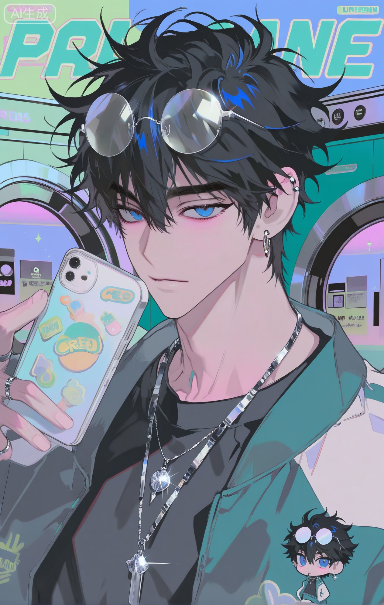 (artist:mazjojo:0.83), (artist:pigeon666:0.67), (artist:zawar379:0.77), (artist:remsrar:0.65), (artist:yoneyama mai:0.74), (artist:chimmyming:0.72), masterpiece, 4k, hd, HDR, amazing quality, best quality, high resolution, goldenfieldszho, newest, very aesthetic, ultra-detailed, absurdres, perfect lighting, volumetric lighting, (fluorescent lighting), shadowing, (good shadowing), depth of field, scenery, amazing aesthetics, cinematic lighting, cinematic, shading, (good shading), counter_shading, subsurface scattering, intricate details, illustration, perfect hands, handsome, 1boy, solo, male focus, bishounen, long hair, hair between eyes, blonde hair, blue eyes, bored expression, toned male, skinny, eyewear on head, (round metal-frame glasses:1.4), ear piercings, jewelry, multiple necklaces, cross earrings, ear chain, multiple rings, v, grey zip-up jacket, (varsity style:1.4), off-shoulder jacket, black collared shirt, (holding a smartphone:1.5), multicolored background, (blue background:1.4), (green background:1.4), (laundromat background:1.3), (colored shadow:1.5), teal shadow, upper body, close-up, dynamic pose, dynamic angle, beautiful background, detailed background, magazine cover, (fake cover:1.8), (chibi inset:1.9), glint, lens flare, light particles, Chip7SKTest



,InplickStyleTest