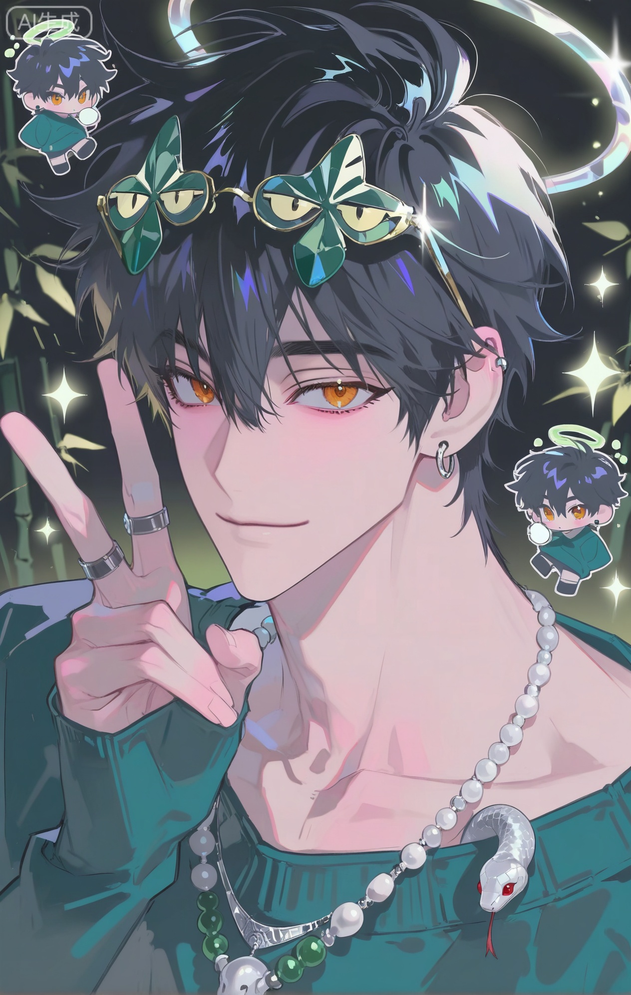 (artist:mazjojo:0.83), (artist:pigeon666:0.67), (artist:zawar379:0.77), (artist:remsrar:0.65), (artist:yoneyama mai:0.74), (artist:chimmyming:0.72), masterpiece, 4k, hd, HDR, amazing quality, best quality, high resolution, goldenfieldszho, newest, very aesthetic, ultra-detailed, absurdres, perfect lighting, volumetric lighting, (moody lighting), shadowing, (good shadowing), depth of field, scenery, amazing aesthetics, cinematic lighting, cinematic, shading, (good shading), counter_shading, subsurface scattering, intricate details, illustration, perfect hands, handsome, 1boy, solo, male focus, bishounen, long hair, hair between eyes, dark green hair, amber eyes, enigmatic smile, toned male, skinny, eyewear on head, (snake-shaped glasses:1.4), jade crown, (glowing vine halo:1.5), snake scale hairclip, ear piercings, jewelry, multiple necklaces, jade snake earrings, ear chain, multiple rings, v, green halo, (green snake ears:1.3), (long, smooth snake tail:1.3), teal velvet sweater, (silver snake embroidery:1.4), off-shoulder sweater, white collared shirt, non-humanoid robot, (floating poison-bottle drone:1.5), multicolored background, (green background:1.4), (black background:1.4), (bamboo forest background:1.3), (colored shadow:1.5), dark green shadow, upper body, close-up, dynamic pose, dynamic angle, beautiful background, detailed background, magazine cover, (fake cover:1.8), (chibi inset:1.9), glint, lens flare, light particles, Chip7SKTest


,InplickStyleTest