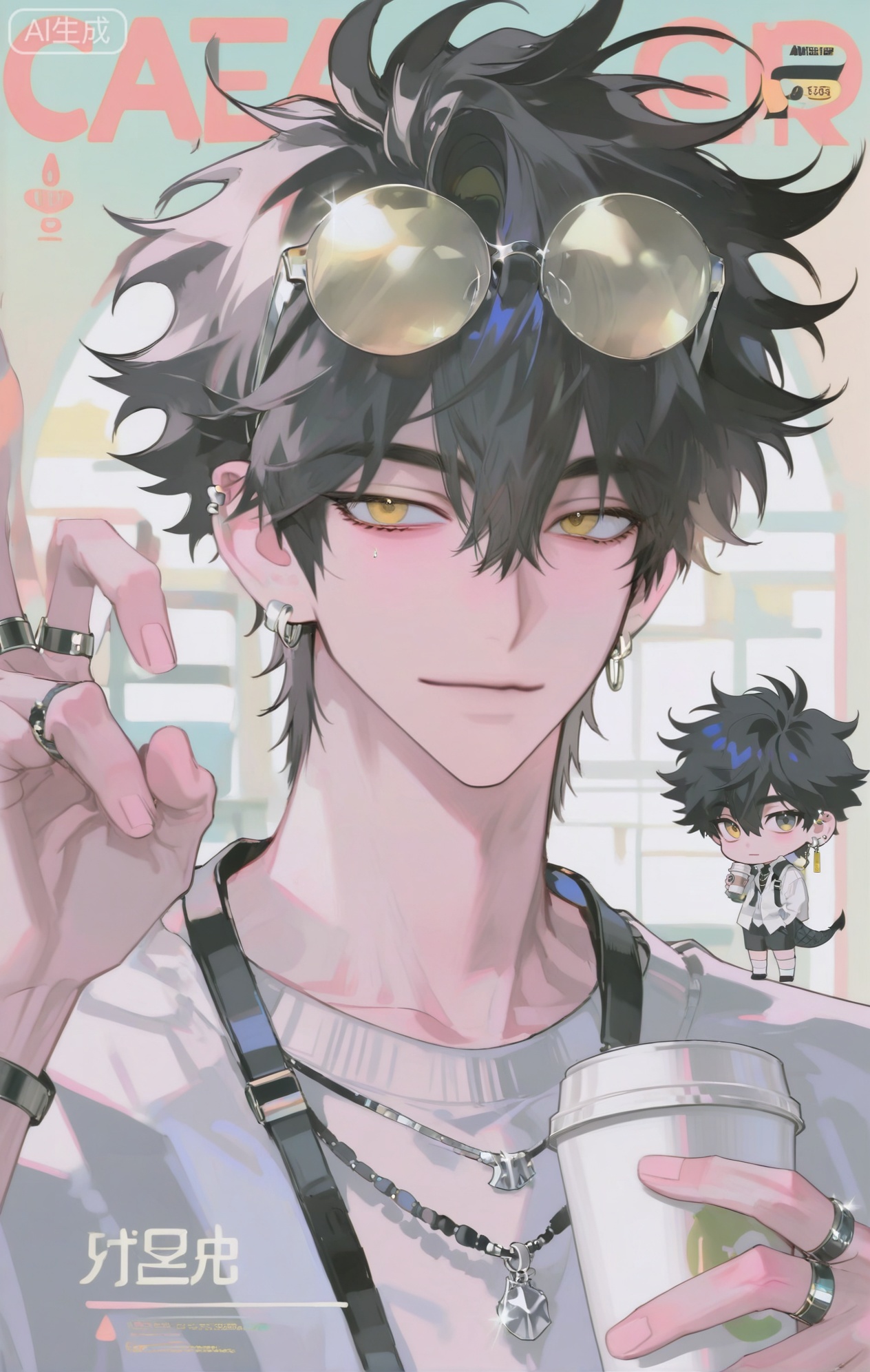 Small note art style,,xiaozhitiao,yu xuan,multicolored hair,White dragon tail,White dragon horns,yellow eyes,white hair,blonde hair,1boy,bangs
,socks,white socks

(artist:mazjojo:0.83),(artist:pigeon666:0.67),(artist:zawar379:0.77),(artist:remsrar:0.65),(artist:yoneyama mai:0.74),(artist:chimmyming:0.72),masterpiece,4k,hd,HDR,amazing quality,best quality,high resolution,goldenfieldszho,newest,very aesthetic,ultra-detailed,absurdres,perfect lighting,volumetric lighting,(warm afternoon sunlight),shadowing,(good shadowing),depth of field,scenery,amazing aesthetics,cinematic lighting,cinematic,shading,(good shading),counter shading,subsurface scattering,intricate details,illustration,perfect hands,handsome,1boy,solo,male focus,bishounen,long hair,hair between eyes,gentle smile,toned male,skinny,eyewear on head,(stylish clear-frame glasses:1.4),ear piercings,jewelry,multiple necklaces,simple silver earrings,ear chain,multiple rings,v,beige knit sweater,(striped pattern:1.4),off-shoulder sweater,white collared shirt,(holding a coffee cup:1.5),multicolored background,(white background:1.4),(beige background:1.4),(cafe interior background:1.3),(colored shadow:1.5),light brown shadow,upper body,close-up,dynamic pose,dynamic angle,beautiful background,detailed background,magazine cover,(fake cover:1.8),(chibi inset:1.9),glint,lens flare,light particles,Chip7SKTest



,InplickStyleTest