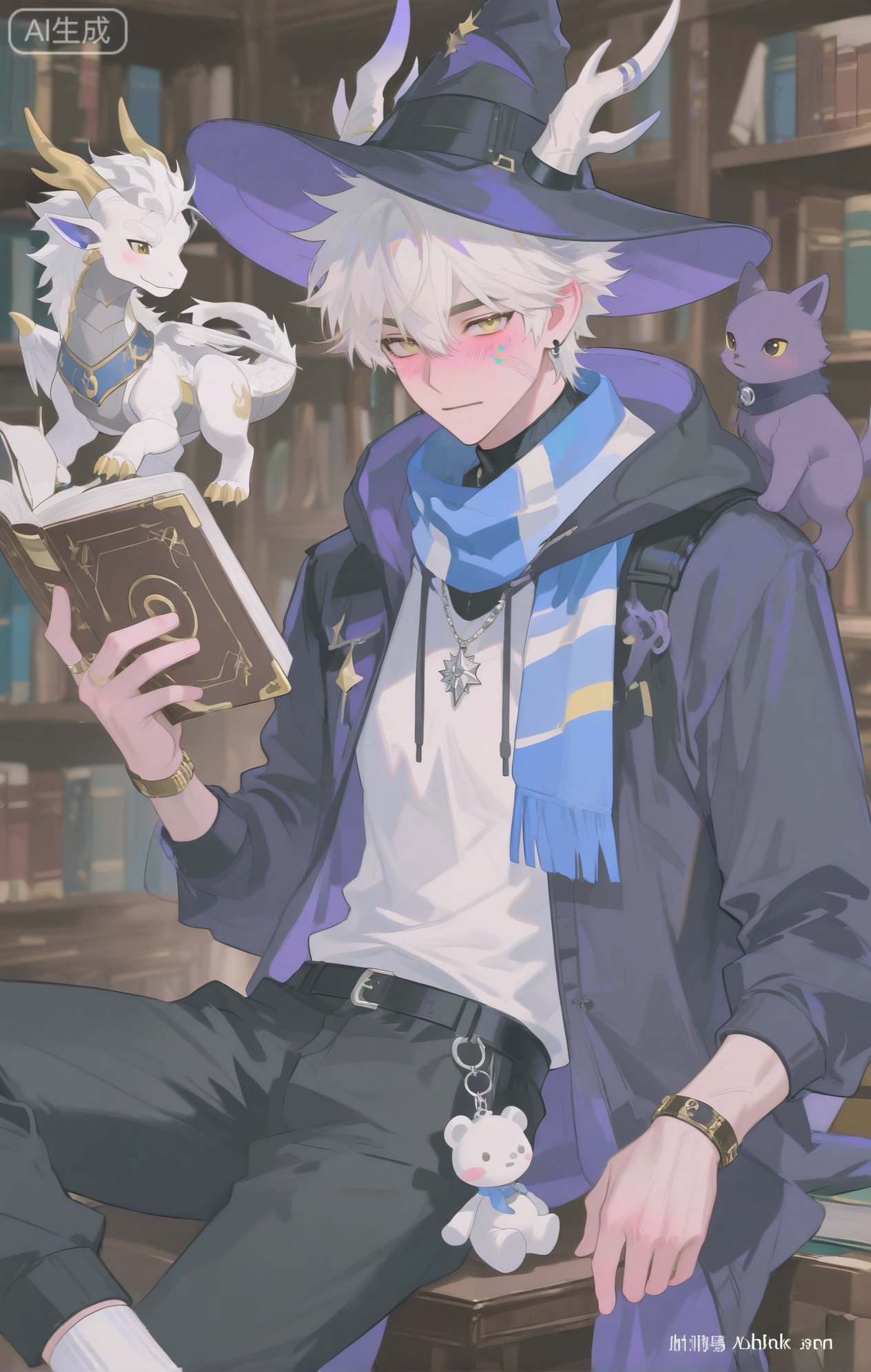 Small note art style,,xiaozhitiao,yu xuan,multicolored hair,White dragon tail,White dragon horns,yellow eyes,white hair,blonde hair,1boy,bangs
,socks,white socks

masterpiece, best quality, highres, absurdres, perfect lighting, male, masculine, athletic, muscular forearms, well - defined abs, a hint of sweat, pale skin, (a curious, focused expression, blushing with anticipation:1.4), rook piercing, (a wizard - hat - inspired hood on a black hoodie:1.3), star - shaped facial mark, band - aid on thumb, (stickers of magical symbols on face:1.2), (wearing a long, dark - blue woolen overcoat over the hoodie:1.4), (a thick, silver - and - black striped scarf with a book - charm pendant:1.4), (wearing straight - leg, black trousers:1.2), (white dress socks:1.2), standing in an old, dusty library aisle filled with ancient books, (holding a glowing, magical book:1.4), (a small, floating, winged key near the book:1.4), dim, warm light, cobwebs, library - fantasy scene, dynamic pose, illustration, low - angle view, detailed book spines, (library - fantasy theme:1.3), (dark - mysterious color theme:1.2), (enchanted - light theme:1.4)


,InplickStyleTest