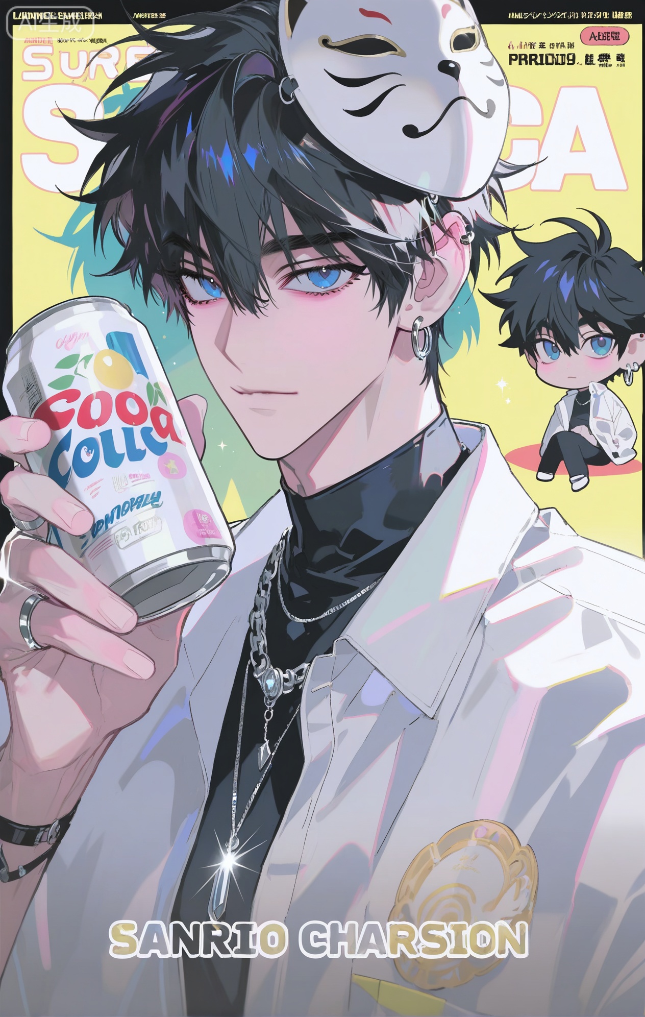 (artist:mazjojo:0.83), (artist:pigeon666:0.67), (artist:zawar379:0.77), (artist:remsrar:0.65), (artist:yoneyama mai:0.74), (artist:chimmyming:0.72), masterpiece, 4k, hd, HDR, amazing quality, best quality, high resolution, goldenfieldszho, newest, very aesthetic, ultra-detailed, absurdres, perfect lighting, volumetric lighting, (convenience store lighting), shadowing, (good shadowing), depth of field, scenery, amazing aesthetics, cinematic lighting, cinematic, shading, (good shading), counter_shading, subsurface scattering, intricate details, illustration, perfect hands, handsome, 1boy, solo, male focus, bishounen, long hair, hair between eyes, blonde hair, blue eyes, neutral expression, toned male, skinny, eyewear on head, (fashionable mask on chin:1.4), ear piercings, jewelry, multiple necklaces, chain earrings, ear chain, multiple rings, v, black waterproof jacket, (reflective stripes:1.4), off-shoulder jacket, white collared shirt, (holding a can of soda:1.5), multicolored background, (bright background:1.4), (yellow background:1.4), (convenience store aisle background:1.3), (colored shadow:1.5), blue shadow, upper body, close-up, dynamic pose, dynamic angle, beautiful background, detailed background, magazine cover, (fake cover:1.8), (chibi inset:1.9), glint, lens flare, light particles, Chip7SKTest



,InplickStyleTest