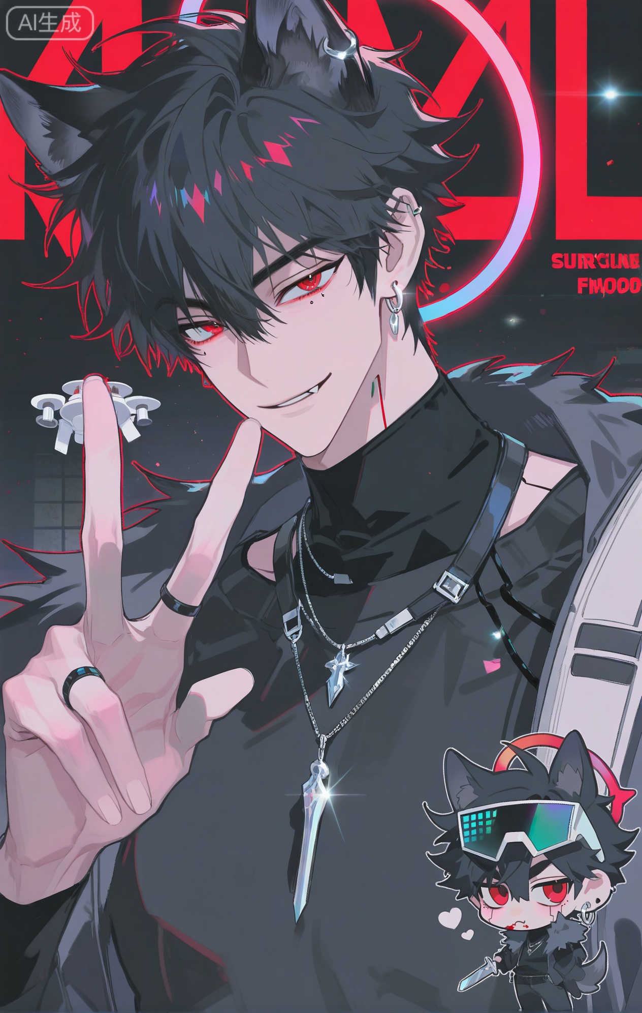 

(artist:mazjojo:0.83), (artist:pigeon666:0.67), (artist:zawar379:0.77), (artist:remsrar:0.65), (artist:yoneyama mai:0.74), (artist:chimmyming:0.72), masterpiece, 4k, hd, HDR, amazing quality, best quality, high resolution, goldenfieldszho, newest, very aesthetic, ultra-detailed, absurdres, perfect lighting, volumetric lighting, (dark lighting), shadowing, (good shadowing), depth of field, scenery, amazing aesthetics, cinematic lighting, cinematic, shading, (good shading), counter_shading, subsurface scattering, intricate details, illustration, perfect hands, handsome, 1boy, solo, male focus, bishounen, long hair, hair between eyes, black hair, red eyes, smirk, toned male, skinny, eyewear on head, (cyberpunk visor glasses:1.4), black metal crown, (blood-red thorny halo:1.5), wolf fang hairclip, ear piercings, jewelry, multiple necklaces, silver dagger earrings, ear chain, multiple rings, v, red halo, (black wolf ears:1.3), (bushy black wolf tail:1.3), black leather sweater, (wolf claw scratch print:1.4), off-shoulder sweater, dark red collared shirt, non-humanoid robot, (floating combat drone:1.5), multicolored background, (black background:1.4), (red background:1.4), (gothic pattern background:1.3), (colored shadow:1.5), red shadow, upper body, close-up, dynamic pose, dynamic angle, beautiful background, detailed background, magazine cover, (fake cover:1.8), (chibi inset:1.9), glint, lens flare, light particles, Chip7SKTest




,InplickStyleTest