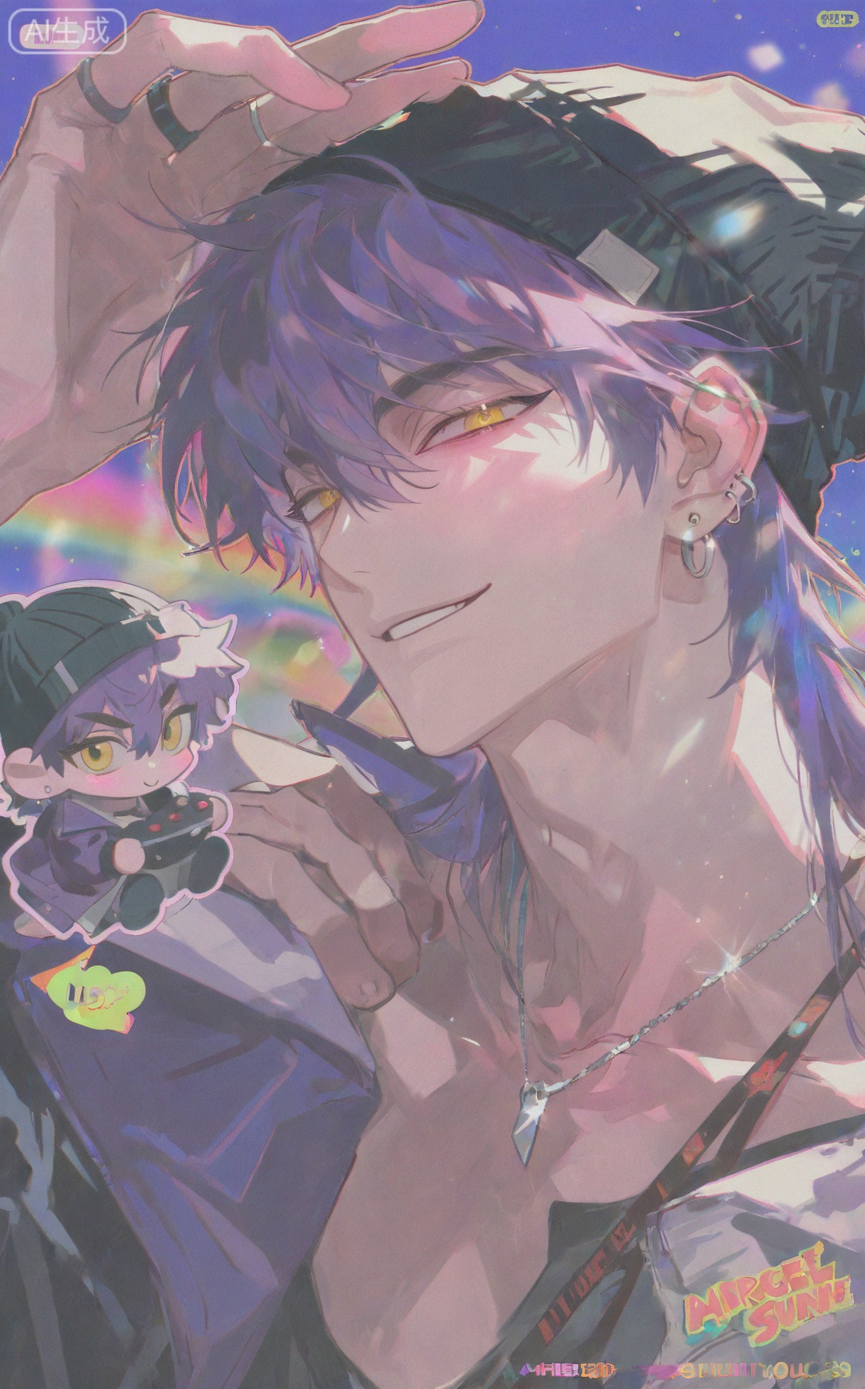 (artist:mazjojo:0.83), (artist:pigeon666:0.67), (artist:zawar379:0.77), (artist:remsrar:0.65), (artist:yoneyama mai:0.74), (artist:chimmyming:0.72), masterpiece, 4k, hd, HDR, amazing quality, best quality, high resolution, goldenfieldszho, newest, very aesthetic, ultra-detailed, absurdres, perfect lighting, volumetric lighting, (arcade neon lighting), shadowing, (good shadowing), depth of field, scenery, amazing aesthetics, cinematic lighting, cinematic, shading, (good shading), counter_shading, subsurface scattering, intricate details, illustration, perfect hands, handsome, 1boy, solo, male focus, bishounen, long hair, hair between eyes, (ash purple hair:1.3), (yellow eyes:1.3), smug smile, toned male, skinny, (beanie hat:1.4), ear piercings, jewelry, multiple necklaces, safety pin earrings, ear chain, multiple rings, v, purple bomber jacket, (satin finish:1.4), off-shoulder jacket, black graphic t-shirt, (holding a joystick:1.5), multicolored background, (purple background:1.4), (blue background:1.4), (arcade game machine background:1.3), (colored shadow:1.5), magenta shadow, upper body, close-up, dynamic pose, dynamic angle, beautiful background, detailed background, magazine cover, (fake cover:1.8), (chibi inset:1.9), glint, lens flare, light particles, Chip7SKTest





,InplickStyleTest,xiaozhitiao,Small note art style