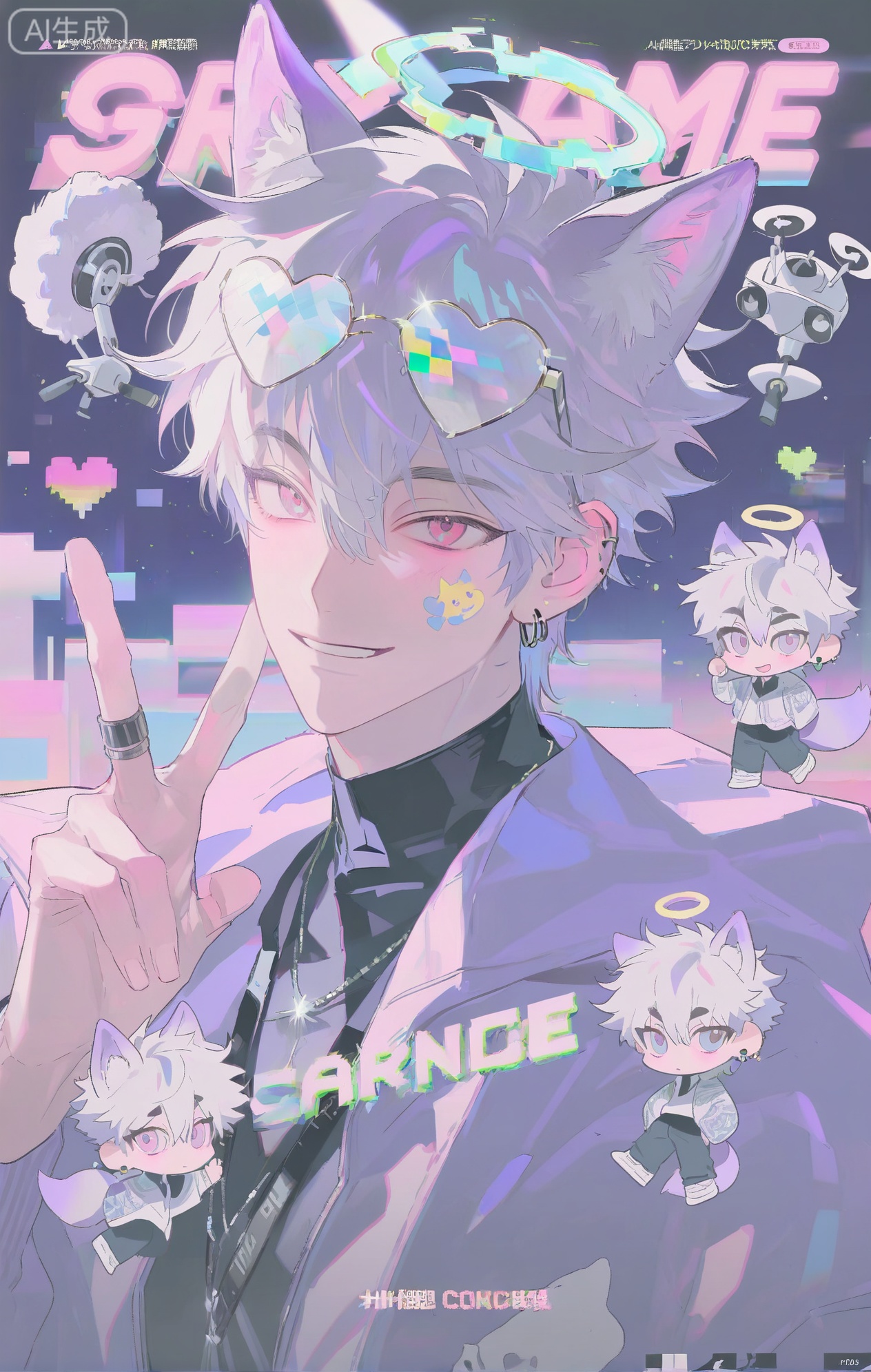 (artist:mazjojo:0.83), (artist:pigeon666:0.67), (artist:zawar379:0.77), (artist:remsrar:0.65), (artist:yoneyama mai:0.74), (artist:chimmyming:0.72), masterpiece, 4k, hd, HDR, amazing quality, best quality, high resolution, goldenfieldszho, newest, very aesthetic, ultra-detailed, absurdres, perfect lighting, volumetric lighting, (neon lighting), shadowing, (good shadowing), depth of field, scenery, amazing aesthetics, cinematic lighting, cinematic, shading, (good shading), counter_shading, subsurface scattering, intricate details, illustration, perfect hands, handsome, 1boy, solo, male focus, bishounen, long hair, hair between eyes, lavender hair, pink eyes, playful smile, toned male, skinny, eyewear on head, (pixelated heart glasses:1.4), holographic crown, (glitching data halo:1.5), star hairclip, ear piercings, jewelry, multiple necklaces, pixel heart earrings, ear chain, multiple rings, v, pink halo, (purple fox ears:1.3), (nine fluffy purple fox tails:1.3), purple iridescent sweater, (glitching heart print:1.4), off-shoulder sweater, white collared shirt, non-humanoid robot, (floating microphone drone:1.5), multicolored background, (purple background:1.4), (pink background:1.4), (glitch art background:1.3), (colored shadow:1.5), pink shadow, upper body, close-up, dynamic pose, dynamic angle, beautiful background, detailed background, magazine cover, (fake cover:1.8), (chibi inset:1.9), glint, lens flare, light particles, Chip7SKTest







,InplickStyleTest,xiaozhitiao,Small note art style