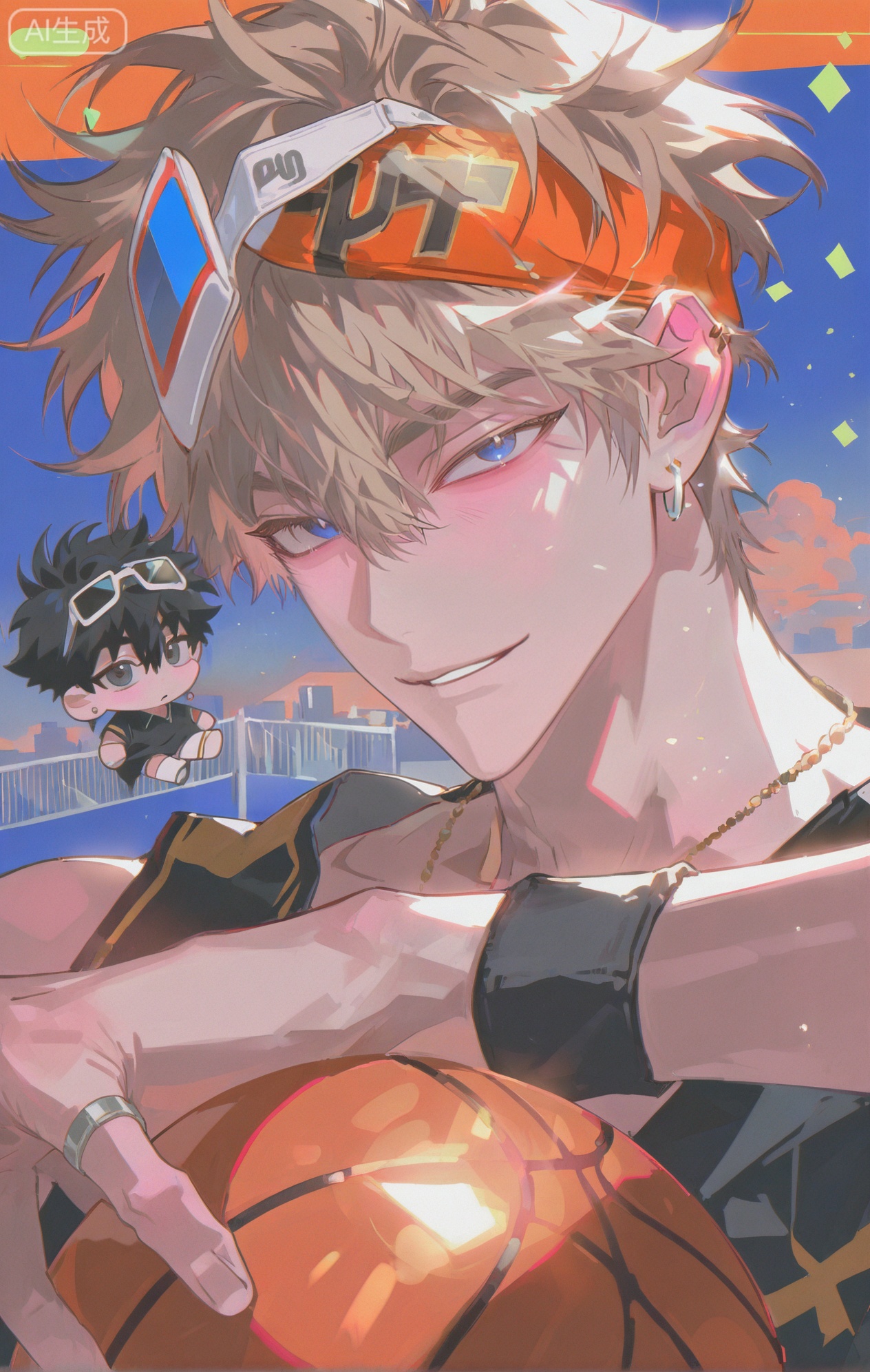 (artist:mazjojo:0.83), (artist:pigeon666:0.67), (artist:zawar379:0.77), (artist:remsrar:0.65), (artist:yoneyama mai:0.74), (artist:chimmyming:0.72), masterpiece, 4k, hd, HDR, amazing quality, best quality, high resolution, goldenfieldszho, newest, very aesthetic, ultra-detailed, absurdres, perfect lighting, volumetric lighting, (golden hour lighting), shadowing, (good shadowing), depth of field, scenery, amazing aesthetics, cinematic lighting, cinematic, shading, (good shading), counter_shading, subsurface scattering, intricate details, illustration, perfect hands, handsome, 1boy, solo, male focus, bishounen, long hair, hair between eyes, blonde hair, blue eyes, tired smile, toned male, skinny, (sweatband on head:1.4), ear piercings, jewelry, multiple necklaces, stud earrings, ear chain, multiple rings, v, white basketball jersey, (number print '07':1.4), off-shoulder jersey, black **** top, (holding a basketball:1.5), multicolored background, (orange background:1.4), (blue background:1.4), (rooftop basketball court background:1.3), (colored shadow:1.5), purple shadow, upper body, close-up, dynamic pose, dynamic angle, beautiful background, detailed background, magazine cover, (fake cover:1.8), (chibi inset:1.9), glint, lens flare, light particles, Chip7SKTest





,InplickStyleTest,xiaozhitiao,Small note art style