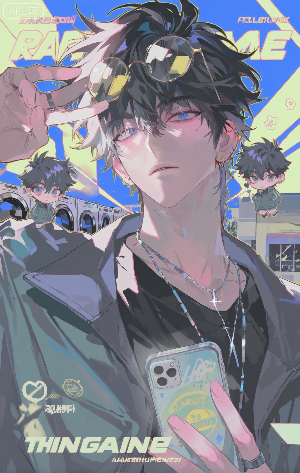 (artist:mazjojo:0.83), (artist:pigeon666:0.67), (artist:zawar379:0.77), (artist:remsrar:0.65), (artist:yoneyama mai:0.74), (artist:chimmyming:0.72), masterpiece, 4k, hd, HDR, amazing quality, best quality, high resolution, goldenfieldszho, newest, very aesthetic, ultra-detailed, absurdres, perfect lighting, volumetric lighting, (fluorescent lighting), shadowing, (good shadowing), depth of field, scenery, amazing aesthetics, cinematic lighting, cinematic, shading, (good shading), counter_shading, subsurface scattering, intricate details, illustration, perfect hands, handsome, 1boy, solo, male focus, bishounen, long hair, hair between eyes, blonde hair, blue eyes, bored expression, toned male, skinny, eyewear on head, (round metal-frame glasses:1.4), ear piercings, jewelry, multiple necklaces, cross earrings, ear chain, multiple rings, v, grey zip-up jacket, (varsity style:1.4), off-shoulder jacket, black collared shirt, (holding a smartphone:1.5), multicolored background, (blue background:1.4), (green background:1.4), (laundromat background:1.3), (colored shadow:1.5), teal shadow, upper body, close-up, dynamic pose, dynamic angle, beautiful background, detailed background, magazine cover, (fake cover:1.8), (chibi inset:1.9), glint, lens flare, light particles, Chip7SKTest





,InplickStyleTest,xiaozhitiao,Small note art style