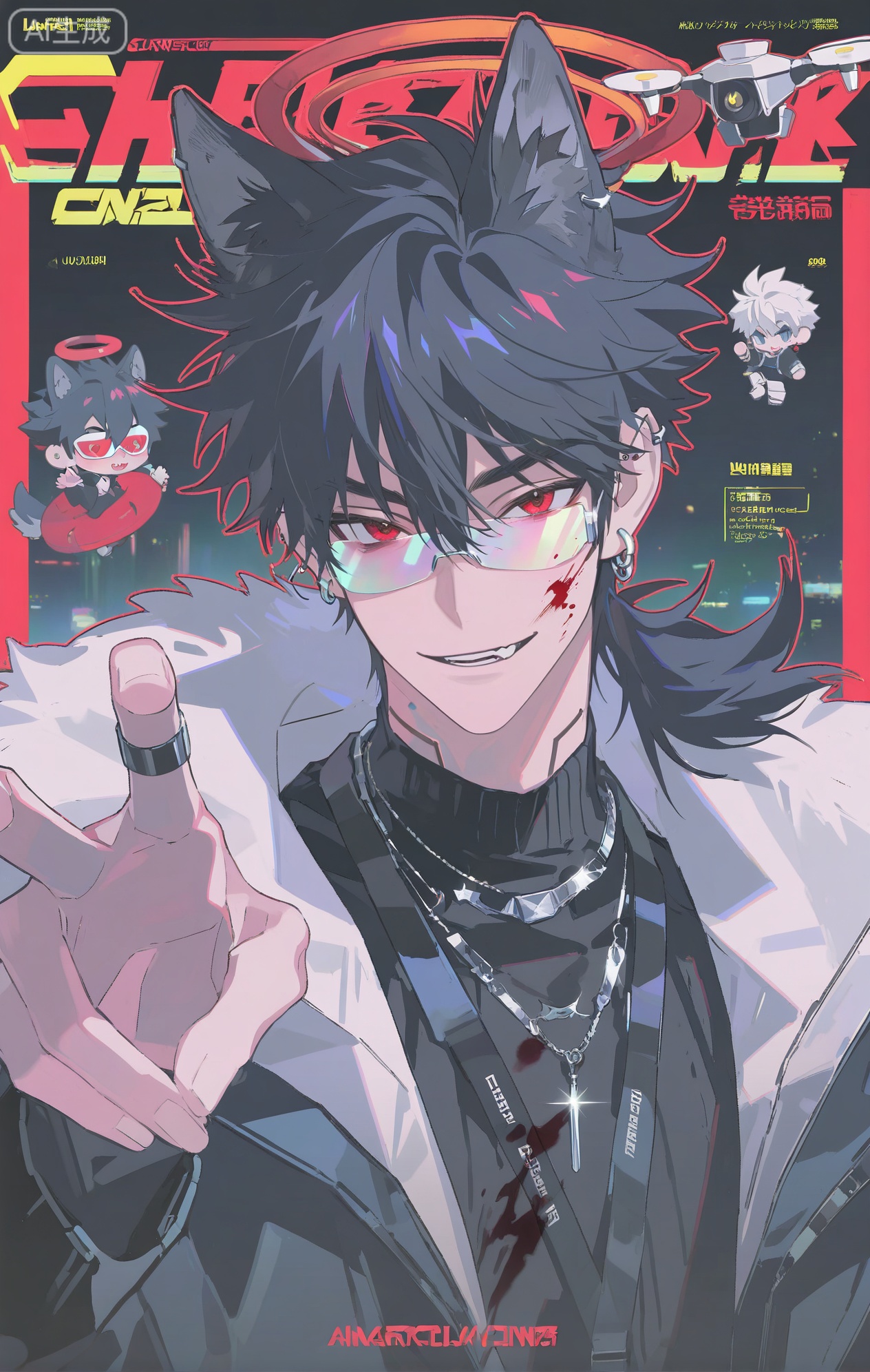 (artist:mazjojo:0.83), (artist:pigeon666:0.67), (artist:zawar379:0.77), (artist:remsrar:0.65), (artist:yoneyama mai:0.74), (artist:chimmyming:0.72), masterpiece, 4k, hd, HDR, amazing quality, best quality, high resolution, goldenfieldszho, newest, very aesthetic, ultra-detailed, absurdres, perfect lighting, volumetric lighting, (dark lighting), shadowing, (good shadowing), depth of field, scenery, amazing aesthetics, cinematic lighting, cinematic, shading, (good shading), counter_shading, subsurface scattering, intricate details, illustration, perfect hands, handsome, 1boy, solo, male focus, bishounen, long hair, hair between eyes, black hair, red eyes, smirk, toned male, skinny, eyewear on head, (cyberpunk visor glasses:1.4), black metal crown, (blood-red thorny halo:1.5), wolf fang hairclip, ear piercings, jewelry, multiple necklaces, silver dagger earrings, ear chain, multiple rings, v, red halo, (black wolf ears:1.3), (bushy black wolf tail:1.3), black leather sweater, (wolf claw scratch print:1.4), off-shoulder sweater, dark red collared shirt, non-humanoid robot, (floating combat drone:1.5), multicolored background, (black background:1.4), (red background:1.4), (gothic pattern background:1.3), (colored shadow:1.5), red shadow, upper body, close-up, dynamic pose, dynamic angle, beautiful background, detailed background, magazine cover, (fake cover:1.8), (chibi inset:1.9), glint, lens flare, light particles, Chip7SKTest





,InplickStyleTest,xiaozhitiao,Small note art style