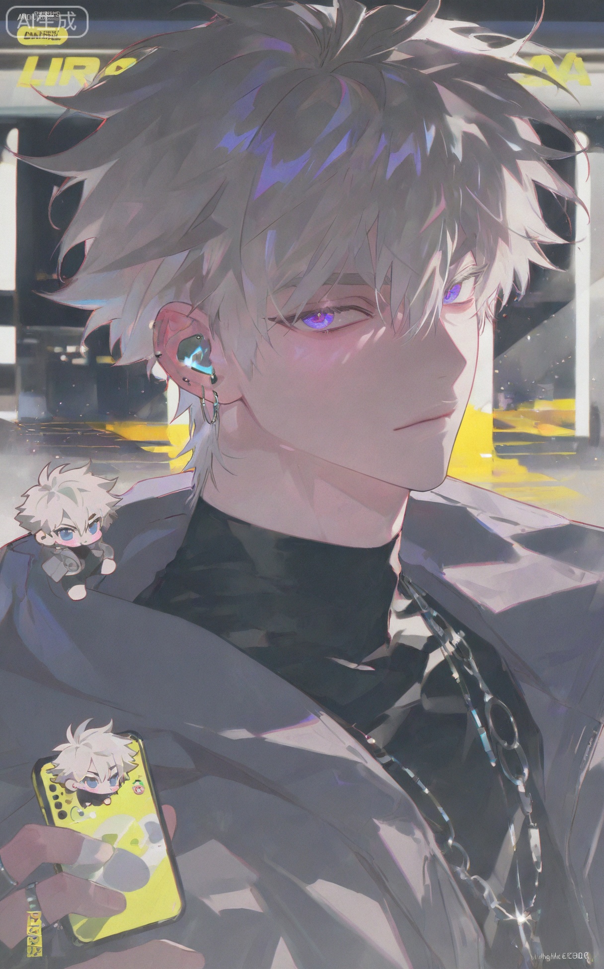 (artist:mazjojo:0.83), (artist:pigeon666:0.67), (artist:zawar379:0.77), (artist:remsrar:0.65), (artist:yoneyama mai:0.74), (artist:chimmyming:0.72), masterpiece, 4k, hd, HDR, amazing quality, best quality, high resolution, goldenfieldszho, newest, very aesthetic, ultra-detailed, absurdres, perfect lighting, volumetric lighting, (subway station lighting), shadowing, (good shadowing), depth of field, scenery, amazing aesthetics, cinematic lighting, cinematic, shading, (good shading), counter_shading, subsurface scattering, intricate details, illustration, perfect hands, handsome, 1boy, solo, male focus, bishounen, long hair, hair between eyes, (platinum blond hair:1.3), (violet eyes:1.3), indifferent expression, toned male, skinny, (wireless earbuds:1.4), ear piercings, jewelry, multiple necklaces, long chain earrings, ear chain, multiple rings, v, oversized black trench coat, (belted waist:1.4), off-shoulder coat, grey hoodie, (holding a phone with a glowing screen:1.5), multicolored background, (grey background:1.4), (yellow background:1.4), (subway platform background:1.3), (colored shadow:1.5), deep blue shadow, upper body, close-up, dynamic pose, dynamic angle, beautiful background, detailed background, magazine cover, (fake cover:1.8), (chibi inset:1.9), glint, lens flare, light particles, Chip7SKTest





,InplickStyleTest,xiaozhitiao,Small note art style