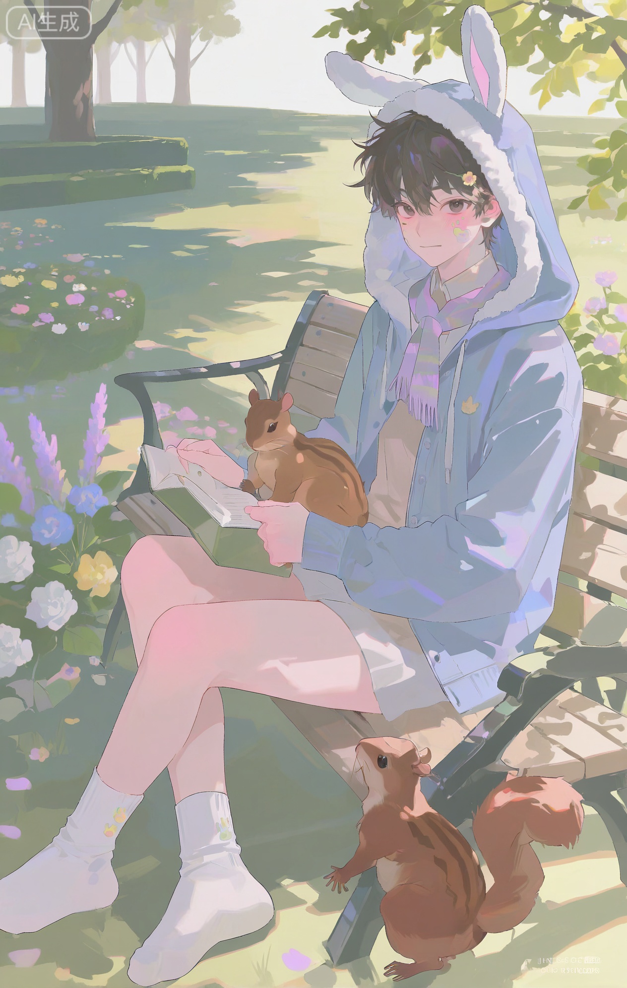 masterpiece, best quality, highres, absurdres, perfect lighting, male, masculine, athletic, muscular, well - defined abs, a light sheen of sweat, light skin, (a content, laid - back expression, blushing gently from the sun:1.4), single ear piercing, (a fluffy, bunny - eared hood on a pastel - blue hoodie:1.3), heart - shaped facial mark on the cheek, small band - aid on the finger, (stickers of cute animals on face:1.2), (wearing a light - weight, beige linen shirt unbuttoned over the hoodie:1.4), (a long, lavender - colored knitted scarf with tassels draped over the shoulders:1.4), (wearing light - blue, straight - leg chinos:1.2), (white cotton ankle socks:1.2), sitting on a wooden park bench, (holding a paperback novel in one hand:1.4), (a small, brown squirrel on the ground near his feet:1.4), dappled sunlight through the trees, colorful flower beds nearby, park birds chirping, soft breeze, dynamic pose, impressionist - style art, three - quarter view, detailed flower petals, (park - relaxation theme:1.3), (soft - pastel color theme:1.2), (serene - nature theme:1.4)






,InplickStyleTest,xiaozhitiao,Small note art style