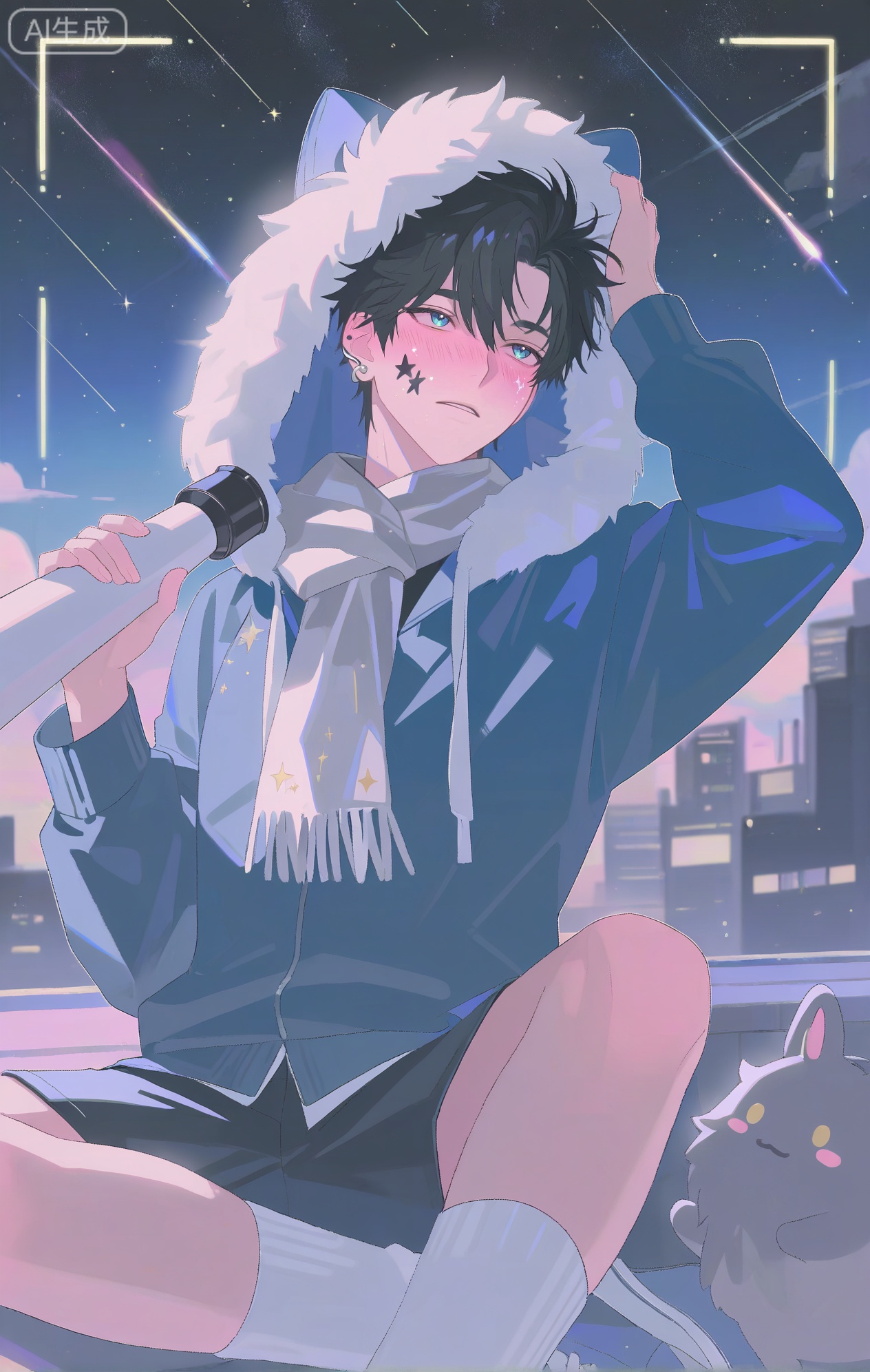 masterpiece, best quality, highres, absurdres, perfect lighting, male, masculine, athletic, broad - shouldered, defined abs, a slight sheen of sweat, fair skin, (a dreamy, awe - struck expression, blushing under the starlight:1.4), ear cuff piercing, (a fluffy, cloud - like hood on a navy - blue hoodie:1.3), star - constellation facial mark, band - aid on shoulder, (stickers of planets on face:1.2), (wearing a thick, grey woolen cardigan over the hoodie:1.4), (a long, silver - glitter - adorned scarf with a moon - charm:1.4), (wearing black joggers:1.2), (white athletic socks:1.2), lying on a rooftop, looking up at the night sky filled with stars, (holding a telescope:1.4), (a small, glowing meteor streaking across the sky:1.4), soft, ambient light from the city below, starry - night scene, dynamic pose, celestial - inspired art,, overhead view, detailed starry sky, (celestial - dream theme:1.3), (dark - celestial color theme:1.2), (soft - glow theme:1.4)


,InplickStyleTest