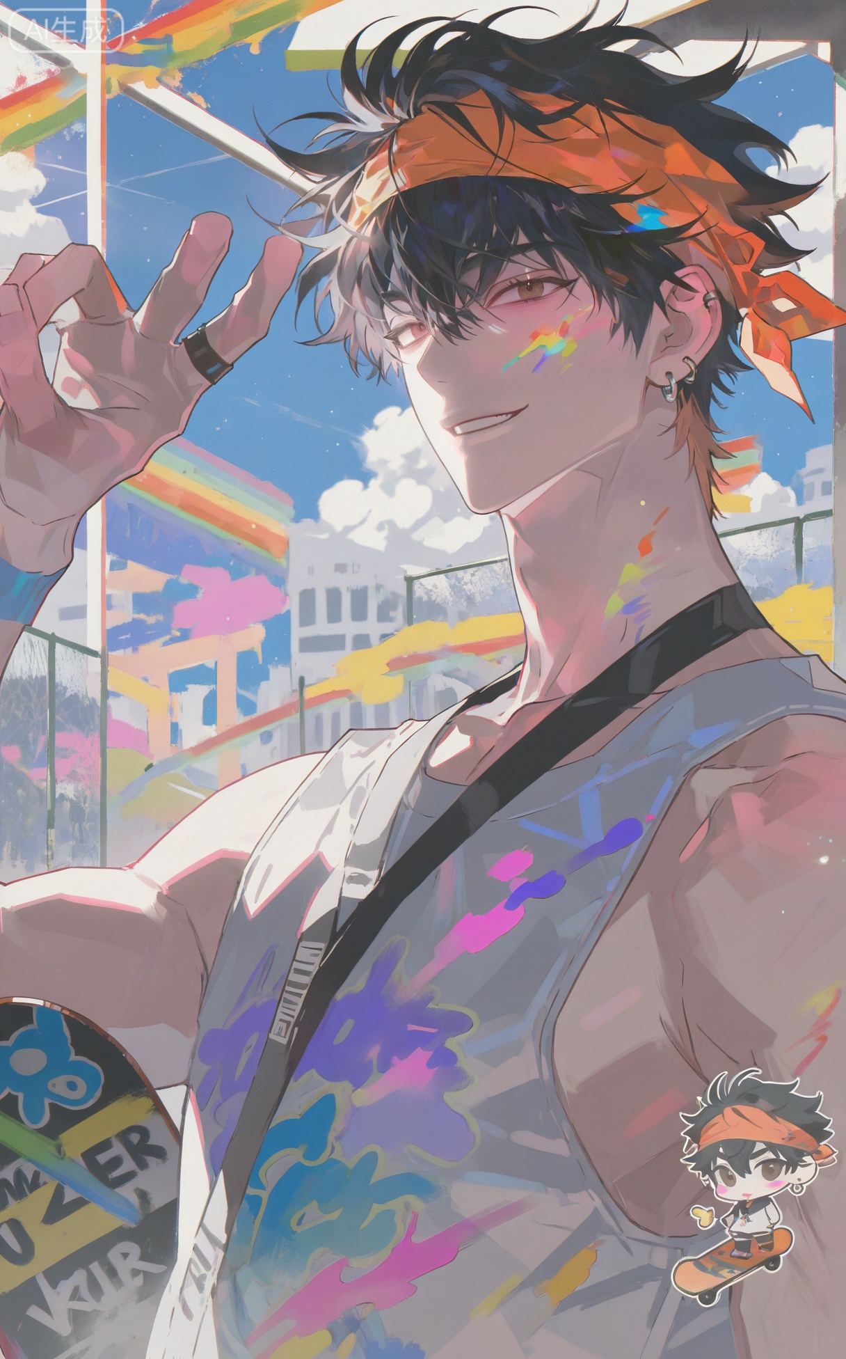 (artist:mazjojo:0.83), (artist:pigeon666:0.67), (artist:zawar379:0.77), (artist:remsrar:0.65), (artist:yoneyama mai:0.74), (artist:chimmyming:0.72), masterpiece, 4k, hd, HDR, amazing quality, best quality, high resolution, goldenfieldszho, newest, very aesthetic, ultra-detailed, absurdres, perfect lighting, volumetric lighting, (bright daylight), shadowing, (good shadowing), depth of field, scenery, amazing aesthetics, cinematic lighting, cinematic, shading, (good shading), counter_shading, subsurface scattering, intricate details, illustration, perfect hands, handsome, 1boy, solo, male focus, bishounen, long hair, hair between eyes, (black hair with orange streaks:1.3), (brown eyes:1.3), triumphant grin, toned male, skinny, (bandana tied on forehead:1.4), ear piercings, jewelry, multiple necklaces, skull earrings, ear chain, multiple rings, v, colorful graffiti print hoodie, (paint splatters:1.4), off-shoulder hoodie, white **** top, (standing on a skateboard:1.5), multicolored background, (blue sky background:1.4), (concrete background:1.4), (skate park background:1.3), (colored shadow:1.5), orange shadow, upper body, close-up, dynamic pose, dynamic angle, beautiful background, detailed background, magazine cover, (fake cover:1.8), (chibi inset:1.9), glint, lens flare, light particles, Chip7SKTest





,InplickStyleTest,xiaozhitiao,Small note art style