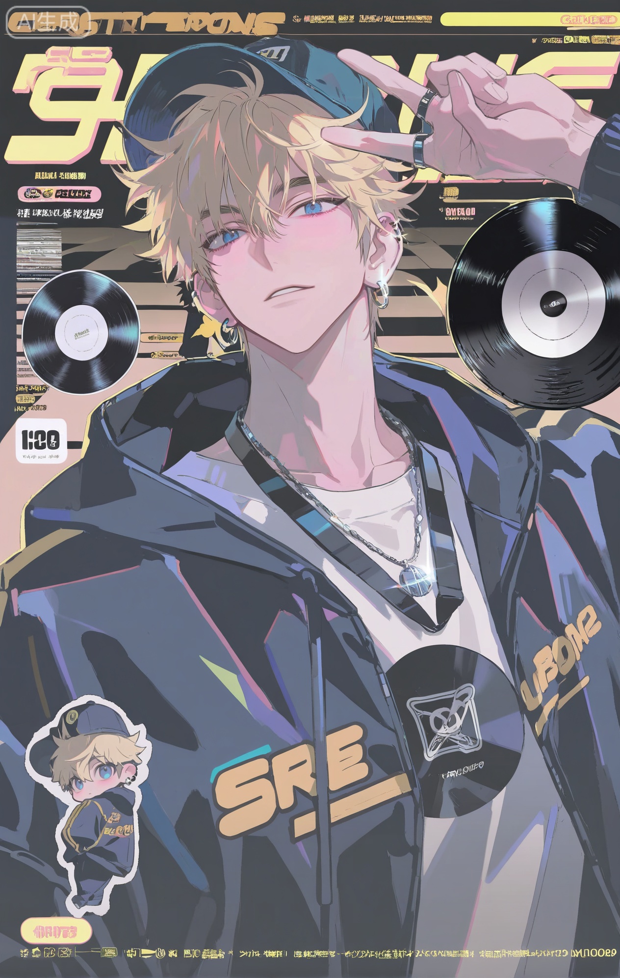 (artist:mazjojo:0.83), (artist:pigeon666:0.67), (artist:zawar379:0.77), (artist:remsrar:0.65), (artist:yoneyama mai:0.74), (artist:chimmyming:0.72), masterpiece, 4k, hd, HDR, amazing quality, best quality, high resolution, goldenfieldszho, newest, very aesthetic, ultra-detailed, absurdres, perfect lighting, volumetric lighting, (dim indoor lighting), shadowing, (good shadowing), depth of field, scenery, amazing aesthetics, cinematic lighting, cinematic, shading, (good shading), counter_shading, subsurface scattering, intricate details, illustration, perfect hands, handsome, 1boy, solo, male focus, bishounen, long hair, hair between eyes, blonde hair, blue eyes, focused expression, toned male, skinny, (backwards baseball cap:1.4), ear piercings, jewelry, multiple necklaces, hoop earrings, ear chain, multiple rings, v, black oversized hoodie, (band logo print:1.4), off-shoulder hoodie, white t-shirt, (holding a vinyl record:1.5), multicolored background, (dark background:1.4), (brown background:1.4), (record store background:1.3), (colored shadow:1.5), dark grey shadow, upper body, close-up, dynamic pose, dynamic angle, beautiful background, detailed background, magazine cover, (fake cover:1.8), (chibi inset:1.9), glint, lens flare, light particles, Chip7SKTest



,InplickStyleTest