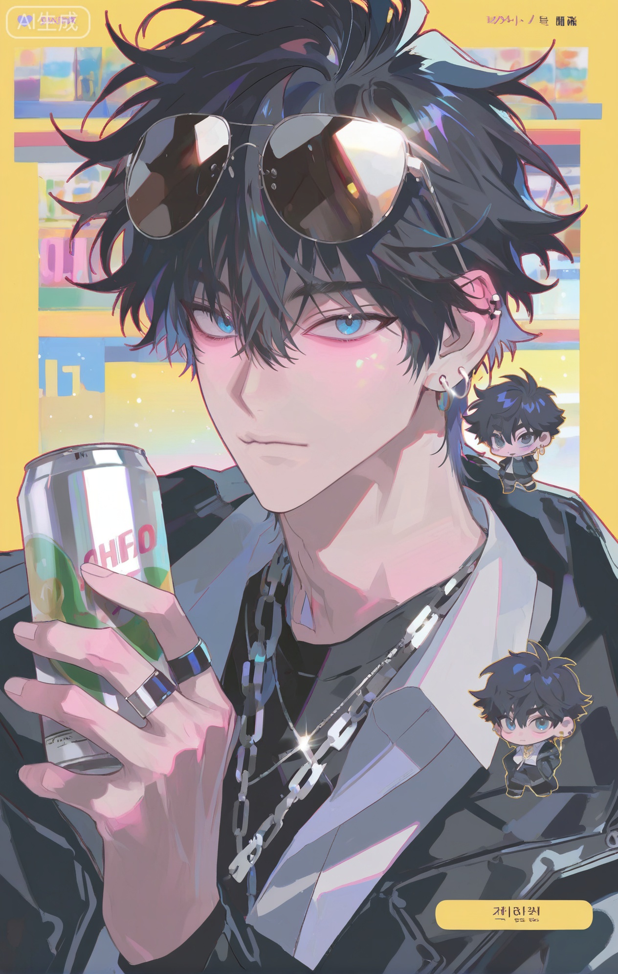 (artist:mazjojo:0.83), (artist:pigeon666:0.67), (artist:zawar379:0.77), (artist:remsrar:0.65), (artist:yoneyama mai:0.74), (artist:chimmyming:0.72), masterpiece, 4k, hd, HDR, amazing quality, best quality, high resolution, goldenfieldszho, newest, very aesthetic, ultra-detailed, absurdres, perfect lighting, volumetric lighting, (convenience store lighting), shadowing, (good shadowing), depth of field, scenery, amazing aesthetics, cinematic lighting, cinematic, shading, (good shading), counter_shading, subsurface scattering, intricate details, illustration, perfect hands, handsome, 1boy, solo, male focus, bishounen, long hair, hair between eyes, blonde hair, blue eyes, neutral expression, toned male, skinny, eyewear on head, (fashionable mask on chin:1.4), ear piercings, jewelry, multiple necklaces, chain earrings, ear chain, multiple rings, v, black waterproof jacket, (reflective stripes:1.4), off-shoulder jacket, white collared shirt, (holding a can of soda:1.5), multicolored background, (bright background:1.4), (yellow background:1.4), (convenience store aisle background:1.3), (colored shadow:1.5), blue shadow, upper body, close-up, dynamic pose, dynamic angle, beautiful background, detailed background, magazine cover, (fake cover:1.8), (chibi inset:1.9), glint, lens flare, light particles, Chip7SKTest





,InplickStyleTest,xiaozhitiao,Small note art style