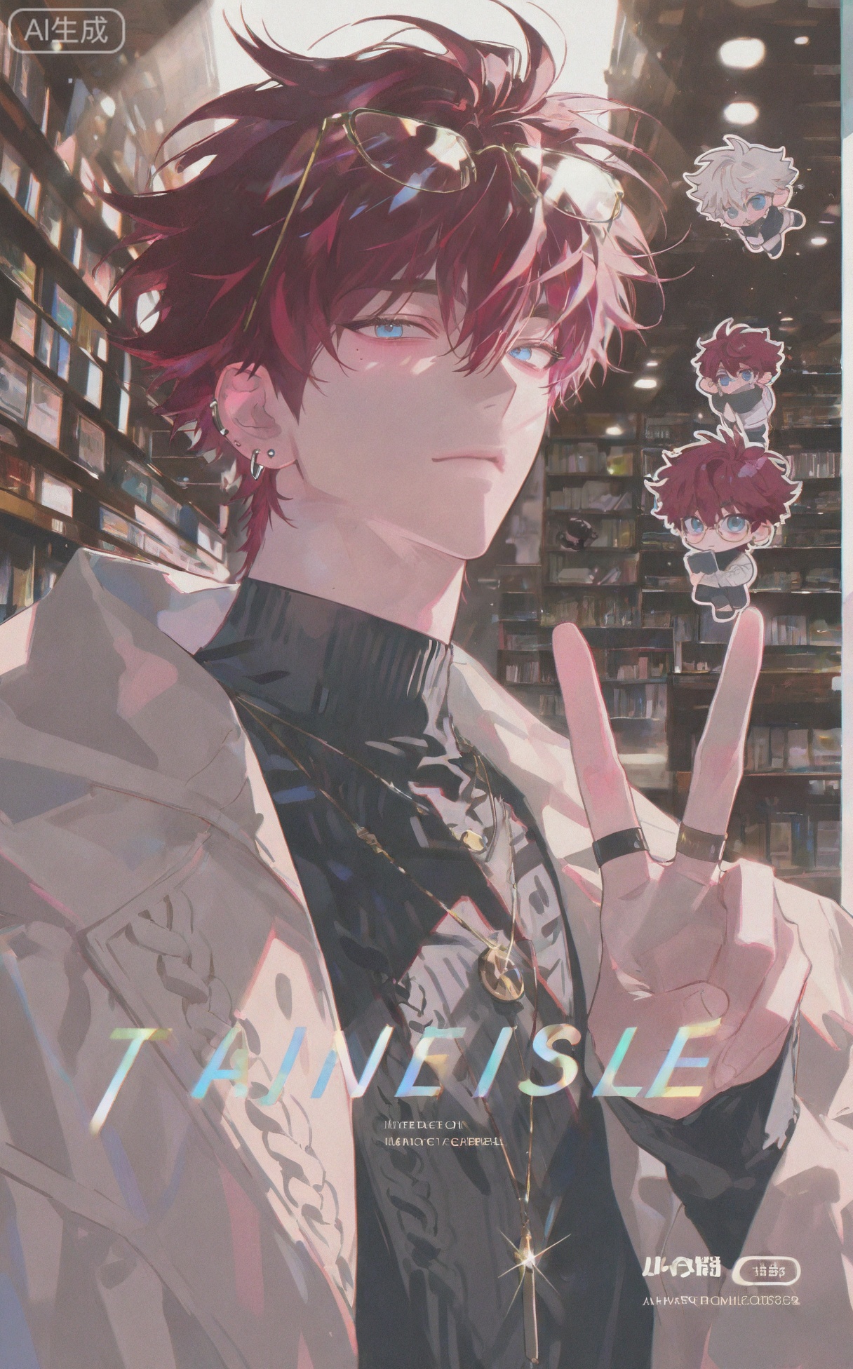 (artist:mazjojo:0.83), (artist:pigeon666:0.67), (artist:zawar379:0.77), (artist:remsrar:0.65), (artist:yoneyama mai:0.74), (artist:chimmyming:0.72), masterpiece, 4k, hd, HDR, amazing quality, best quality, high resolution, goldenfieldszho, newest, very aesthetic, ultra-detailed, absurdres, perfect lighting, volumetric lighting, (dappled sunlight through window), shadowing, (good shadowing), depth of field, scenery, amazing aesthetics, cinematic lighting, cinematic, shading, (good shading), counter_shading, subsurface scattering, intricate details, illustration, perfect hands, handsome, 1boy, solo, male focus, bishounen, long hair, hair between eyes, (wine red hair:1.3), (light blue eyes:1.3), thoughtful expression, toned male, skinny, eyewear on head, (gold-rimmed glasses:1.4), ear piercings, jewelry, multiple necklaces, feather earrings, ear chain, multiple rings, v, dark green turtleneck sweater, (cable knit pattern:1.4), off-shoulder sweater, white collared shirt, (holding an open art book:1.5), multicolored background, (white background:1.4), (brown background:1.4), (bookstore stairs background:1.3), (colored shadow:1.5), warm grey shadow, upper body, close-up, dynamic pose, dynamic angle, beautiful background, detailed background, magazine cover, (fake cover:1.8), (chibi inset:1.9), glint, lens flare, light particles, Chip7SKTest





,InplickStyleTest,xiaozhitiao,Small note art style