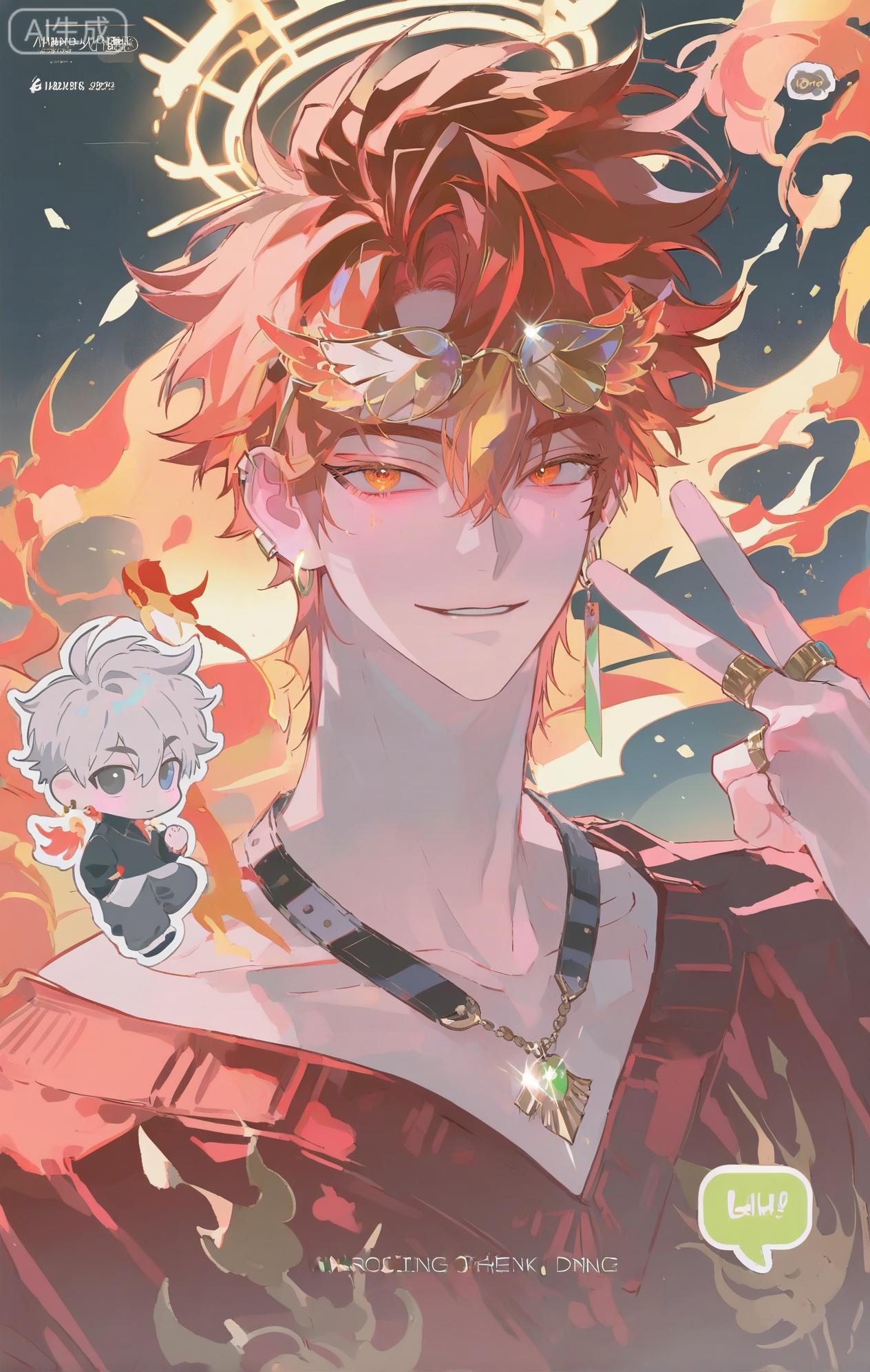 (artist:mazjojo:0.83), (artist:pigeon666:0.67), (artist:zawar379:0.77), (artist:remsrar:0.65), (artist:yoneyama mai:0.74), (artist:chimmyming:0.72), masterpiece, 4k, hd, HDR, amazing quality, best quality, high resolution, goldenfieldszho, newest, very aesthetic, ultra-detailed, absurdres, perfect lighting, volumetric lighting, (dramatic lighting), shadowing, (good shadowing), depth of field, scenery, amazing aesthetics, cinematic lighting, cinematic, shading, (good shading), counter_shading, subsurface scattering, intricate details, illustration, perfect hands, handsome, 1boy, solo, male focus, bishounen, long hair, hair between eyes, crimson red hair, gold eyes, seductive smile, toned male, skinny, eyewear on head, (phoenix feather glasses:1.4), gold filigree crown, (flaming halo:1.5), ruby hairclip, ear piercings, jewelry, multiple necklaces, phoenix tail feather earrings, ear chain, multiple rings, v, orange halo, (red phoenix ears:1.3), (long, fiery phoenix tail:1.3), red silk sweater, (golden flame embroidery:1.4), off-shoulder sweater, black collared shirt, non-humanoid robot, (floating fire-spirit drone:1.5), multicolored background, (red background:1.4), (gold background:1.4), (flame pattern background:1.3), (colored shadow:1.5), orange shadow, upper body, close-up, dynamic pose, dynamic angle, beautiful background, detailed background, magazine cover, (fake cover:1.8), (chibi inset:1.9), glint, lens flare, light particles, Chip7SKTest






,InplickStyleTest,xiaozhitiao,Small note art style