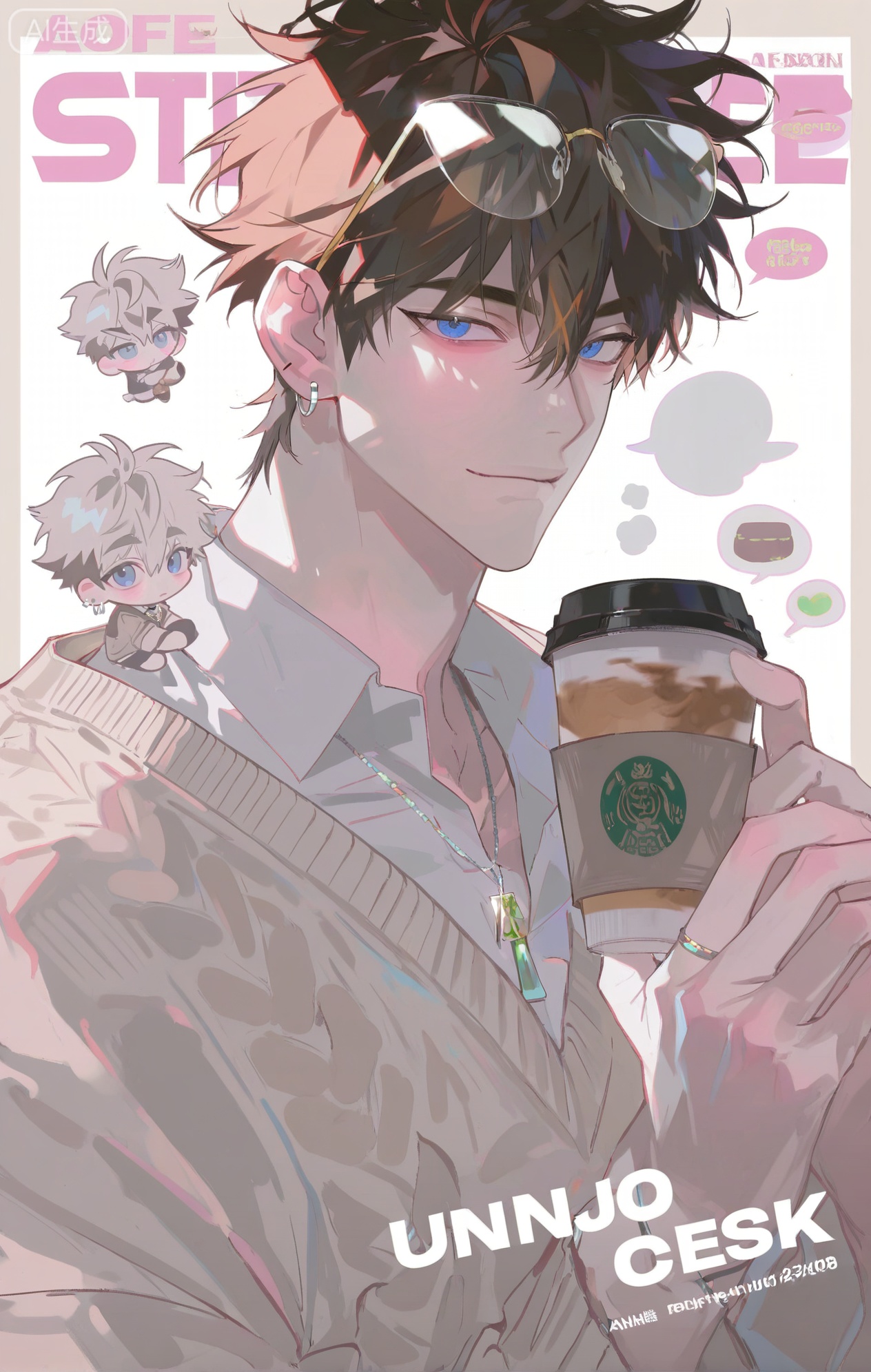 (artist:mazjojo:0.83), (artist:pigeon666:0.67), (artist:zawar379:0.77), (artist:remsrar:0.65), (artist:yoneyama mai:0.74), (artist:chimmyming:0.72), masterpiece, 4k, hd, HDR, amazing quality, best quality, high resolution, goldenfieldszho, newest, very aesthetic, ultra-detailed, absurdres, perfect lighting, volumetric lighting, (warm afternoon sunlight), shadowing, (good shadowing), depth of field, scenery, amazing aesthetics, cinematic lighting, cinematic, shading, (good shading), counter_shading, subsurface scattering, intricate details, illustration, perfect hands, handsome, 1boy, solo, male focus, bishounen, long hair, hair between eyes, blonde hair, blue eyes, gentle smile, toned male, skinny, eyewear on head, (stylish clear-frame glasses:1.4), ear piercings, jewelry, multiple necklaces, simple silver earrings, ear chain, multiple rings, v, beige knit sweater, (striped pattern:1.4), off-shoulder sweater, white collared shirt, (holding a coffee cup:1.5), multicolored background, (white background:1.4), (beige background:1.4), (cafe interior background:1.3), (colored shadow:1.5), light brown shadow, upper body, close-up, dynamic pose, dynamic angle, beautiful background, detailed background, magazine cover, (fake cover:1.8), (chibi inset:1.9), glint, lens flare, light particles, Chip7SKTest





,InplickStyleTest,xiaozhitiao,Small note art style