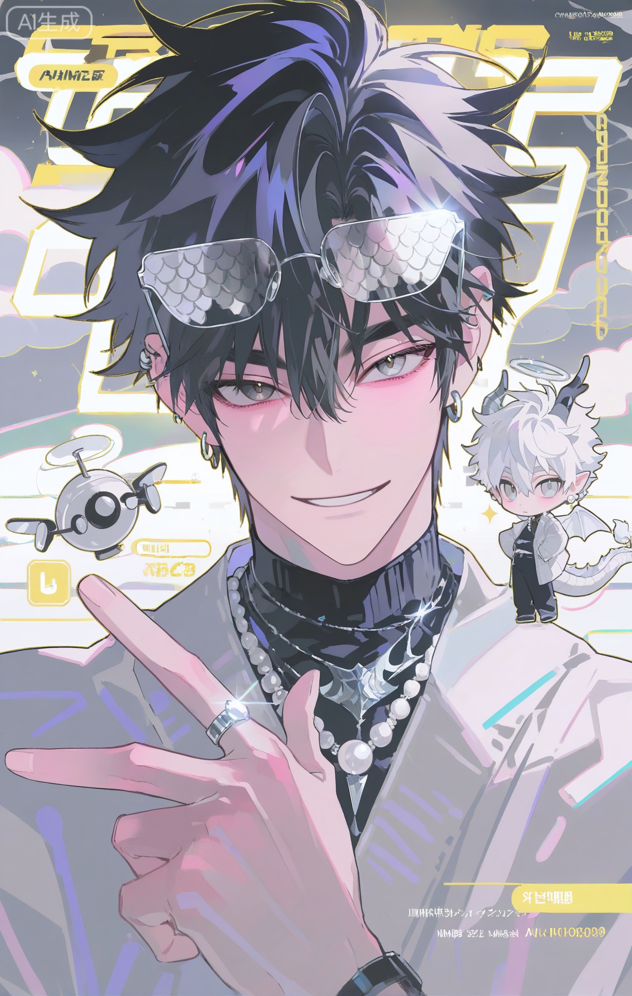 (artist:mazjojo:0.83), (artist:pigeon666:0.67), (artist:zawar379:0.77), (artist:remsrar:0.65), (artist:yoneyama mai:0.74), (artist:chimmyming:0.72), masterpiece, 4k, hd, HDR, amazing quality, best quality, high resolution, goldenfieldszho, newest, very aesthetic, ultra-detailed, absurdres, perfect lighting, volumetric lighting, (bright lighting), shadowing, (good shadowing), depth of field, scenery, amazing aesthetics, cinematic lighting, cinematic, shading, (good shading), counter_shading, subsurface scattering, intricate details, illustration, perfect hands, handsome, 1boy, solo, male focus, bishounen, long hair, hair between eyes, silver-white hair, silver eyes, smile, toned male, skinny, eyewear on head, (dragon-scale pattern glasses:1.4), silver crown, (glowing pearl halo:1.5), dragon horn hairclip, ear piercings, jewelry, multiple necklaces, pearl earrings, ear chain, multiple rings, v, silver halo, (white dragon ears:1.3), (long white dragon tail with fins:1.3), white cashmere sweater, (dragon scale print:1.4), off-shoulder sweater, silver silk collared shirt, non-humanoid robot, (floating pearl drone:1.5), multicolored background, (white background:1.4), (silver background:1.4), (cloud pattern background:1.3), (colored shadow:1.5), silver shadow, upper body, close-up, dynamic pose, dynamic angle, beautiful background, detailed background, magazine cover, (fake cover:1.8), (chibi inset:1.9), glint, lens flare, light particles, Chip7SKTest




,InplickStyleTest,xiaozhitiao,Small note art style