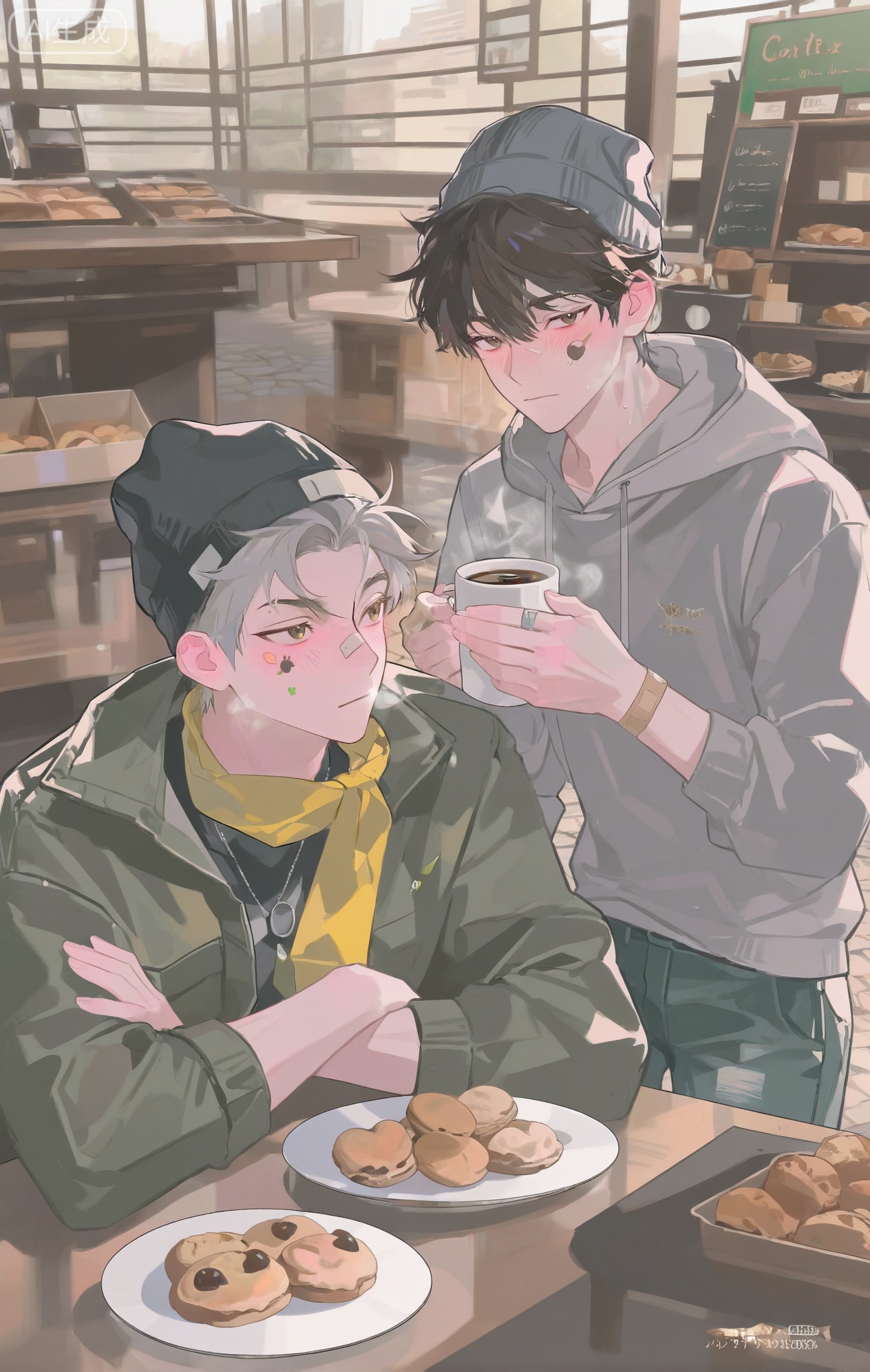 masterpiece, best quality, highres, absurdres, perfect lighting, male, masculine, athletic, toned arms, six - pack abs, a hint of sweat, tan skin, (a calm, contemplative expression, blushing faintly from the warmth of the coffee:1.4), eyebrow piercing, (a beanie - style hood with a pom - pom on a charcoal - grey hoodie:1.3), star - like facial mark on the temple, band - aid on the wrist, (stickers of coffee cups on face:1.2), (wearing a faded, olive - green denim jacket over the hoodie:1.4), (a thick, mustard - yellow scarf wrapped around the neck in a loose knot:1.4), (wearing dark - blue, slim - fit jeans:1.2), (white ribbed socks:1.2), sitting at a small table outside a coffee shop, (holding a cup of steaming coffee:1.4), (a plate of freshly baked cookies beside the cup:1.4), cobblestone street, passers - by, coffee shop awning, soft sunlight, dynamic pose, lifestyle art,, side - angle view, detailed coffee cup design, (urban - coffee theme:1.3), (earthy - neutral color theme:1.2), (cozy - atmosphere theme:1.4)





,InplickStyleTest,xiaozhitiao,Small note art style